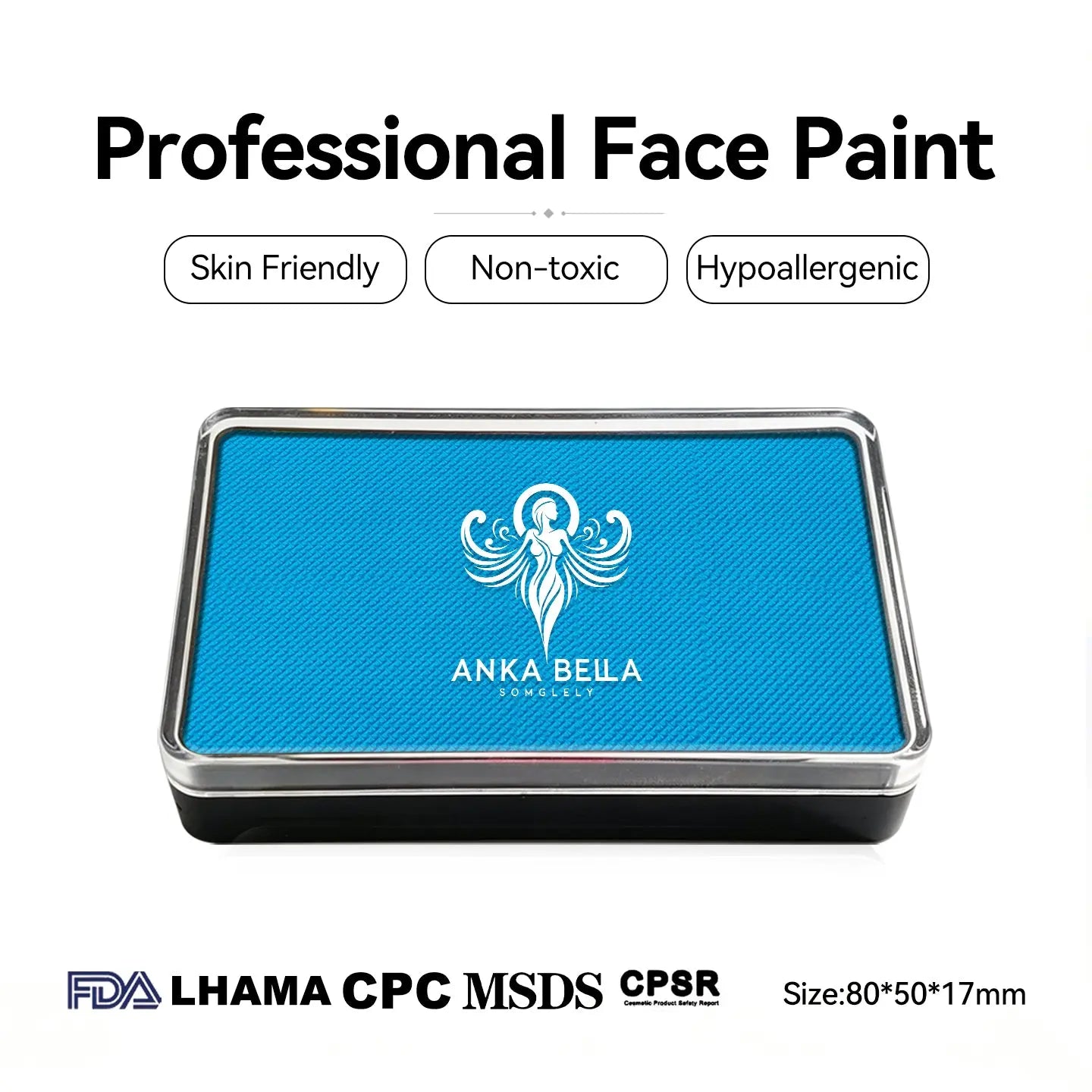 Anka Bella professional matte sky blue face paint, skin friendly non‑toxic hypoallergenic, FDA LHAMA CPC MSDS CPSR certified, size 80×50×17mm