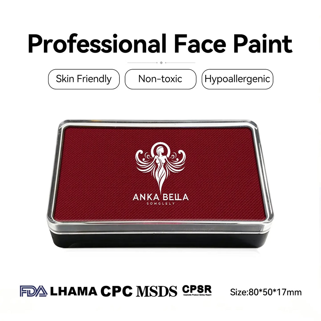 Anka Bella professional matte burgundy face paint, skin friendly non‑toxic hypoallergenic, FDA LHAMA CPC MSDS CPSR certified, size 80×50×17mm