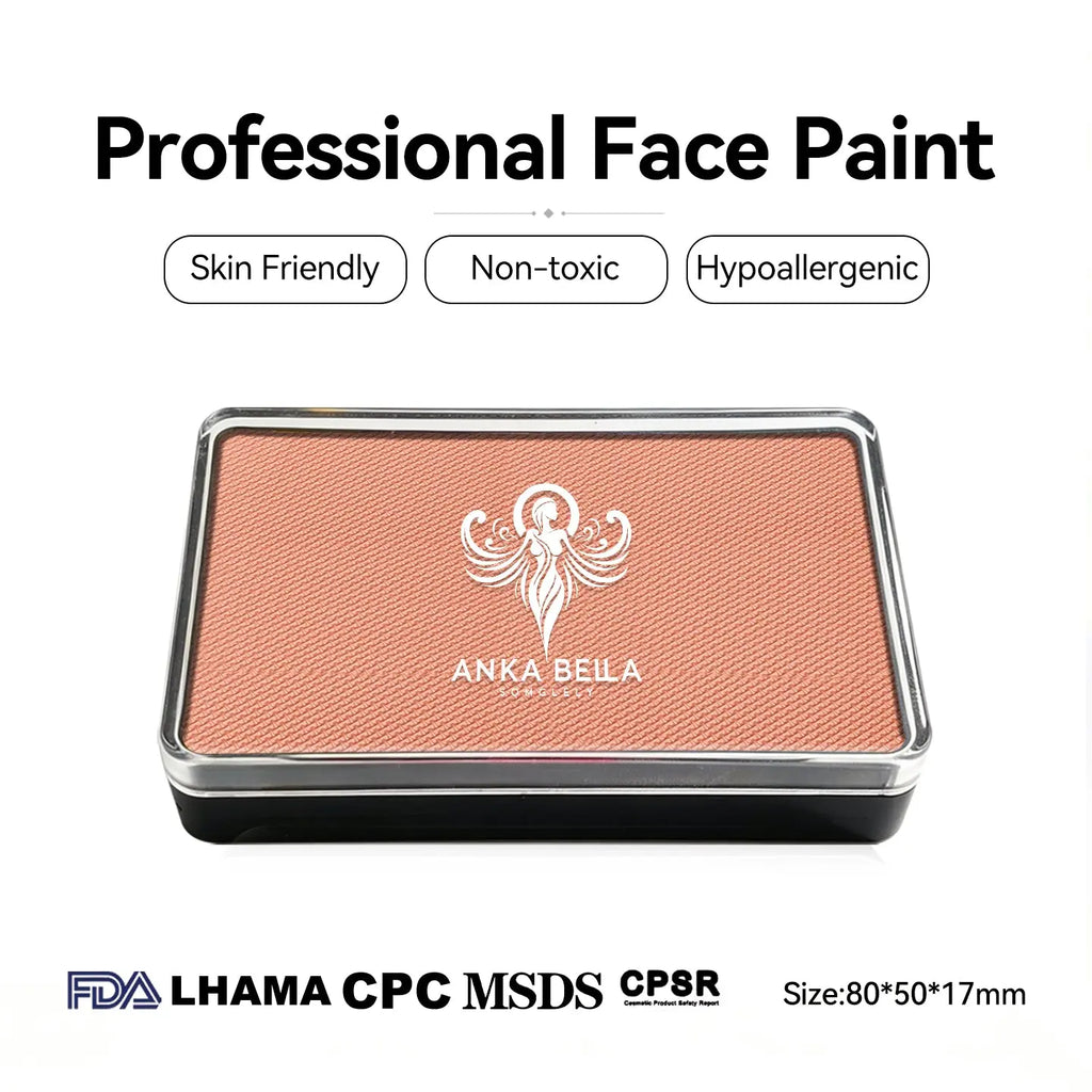 Anka Bella professional matte apricot pink face paint, skin friendly non‑toxic hypoallergenic, FDA LHAMA CPC MSDS CPSR certified, size 80×50×17mm