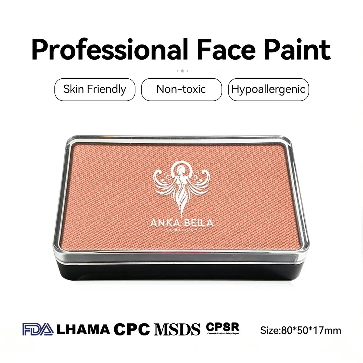 Anka Bella professional matte apricot pink face paint, skin friendly non‑toxic hypoallergenic, FDA LHAMA CPC MSDS CPSR certified, size 80×50×17mm