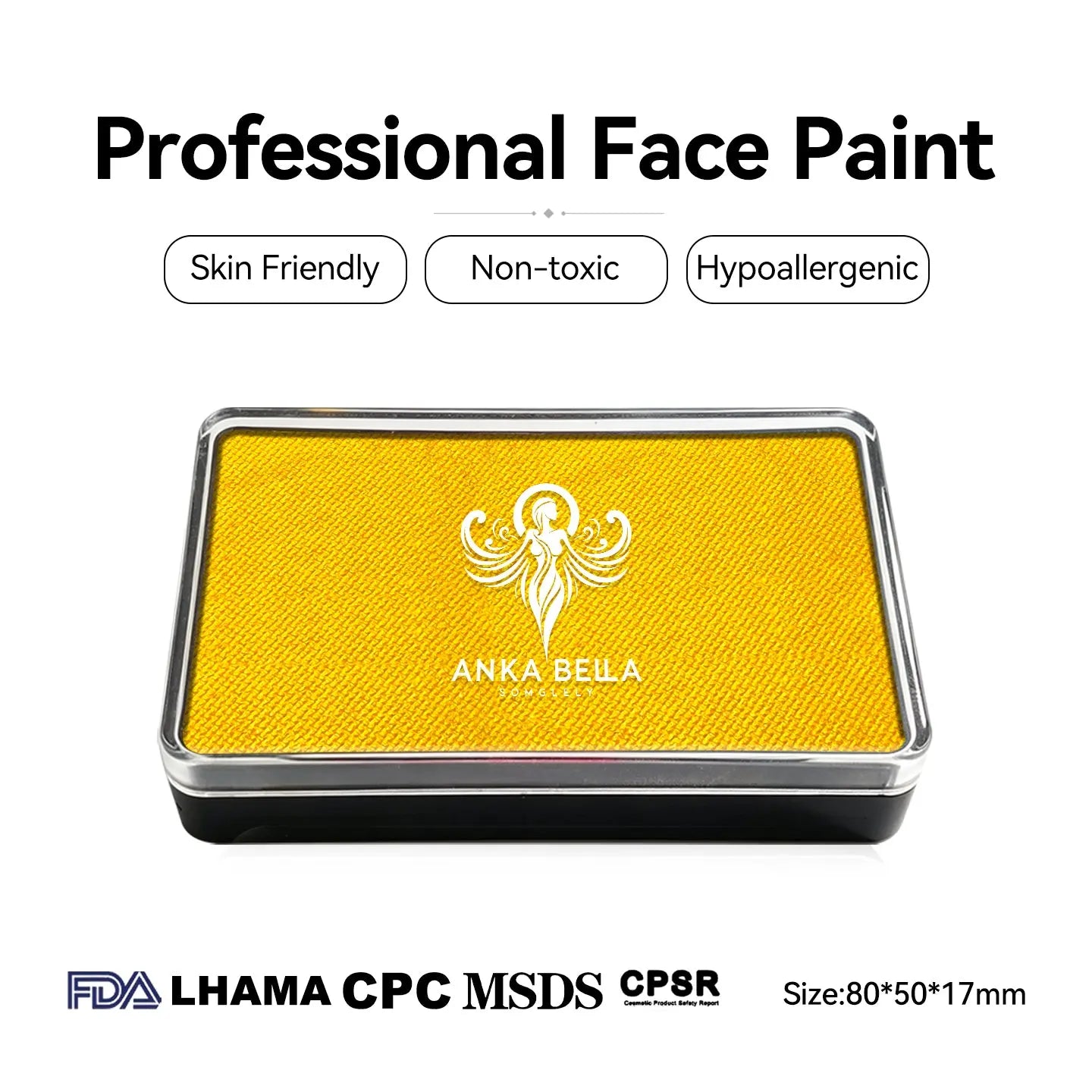 Anka Bella Pearl Honey‑Yellow face paint, skin‑friendly non‑toxic hypoallergenic with FDA CPSR MSDS LHAMA CPC certification size 80*50*17mm