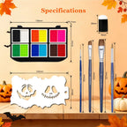 Anka Bella Halloween face paint kit dimension diagram, 139x91mm palette, 8 stencils 140x80mm, 4 brushes 202-227mm, 5 sponge applicators