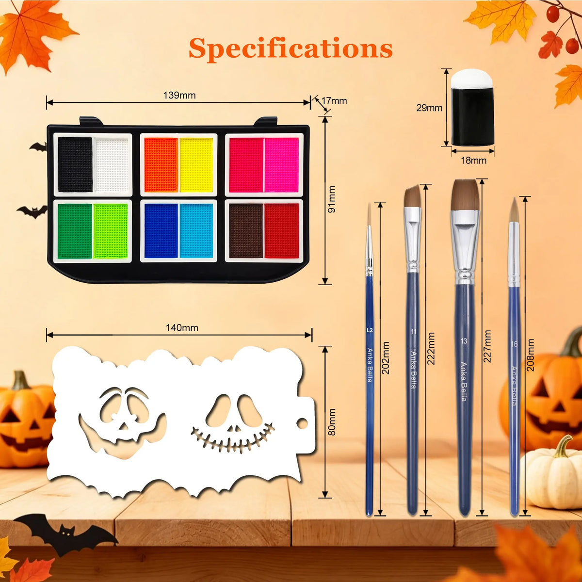 Anka Bella Halloween face paint kit dimension diagram, 139x91mm palette, 8 stencils 140x80mm, 4 brushes 202-227mm, 5 sponge applicators
