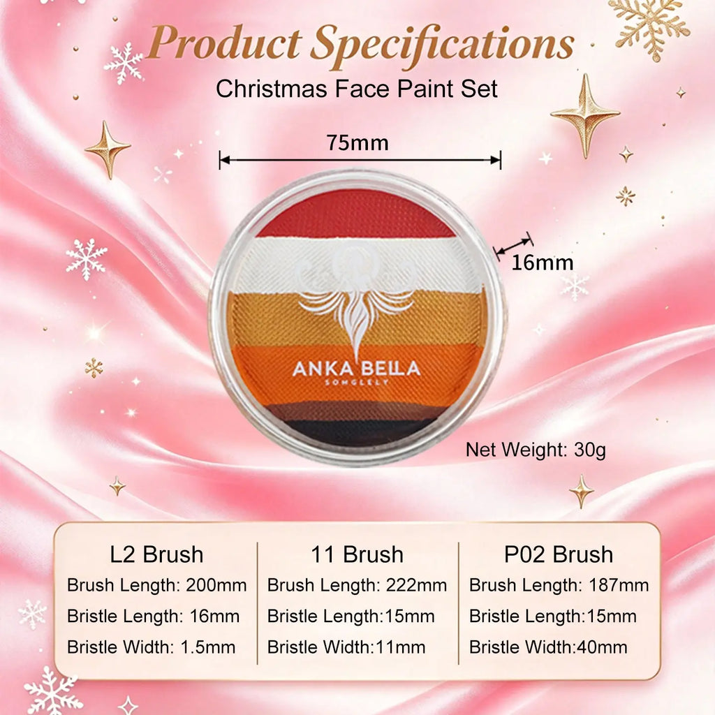 Anka Bella Christmas face paint set size and weight specifications chart, 30g split cake with 3 brushes