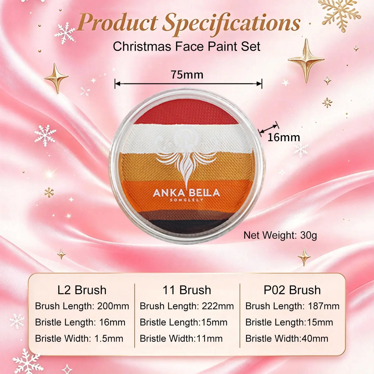 Anka Bella Christmas face paint set size and weight specifications chart, 30g split cake with 3 brushes