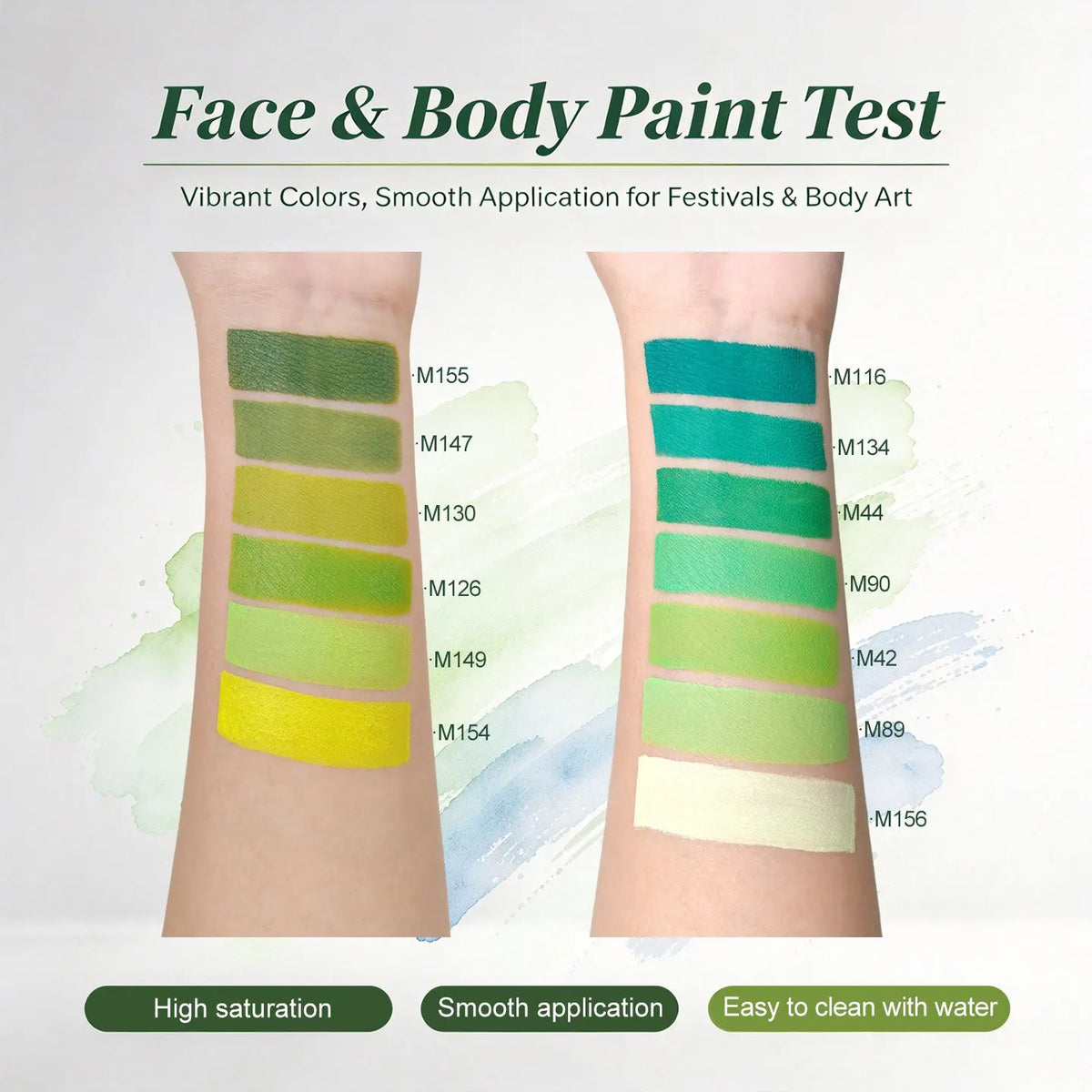 Anka Bella green face paint swatch test, vibrant pigment smooth application easy clean