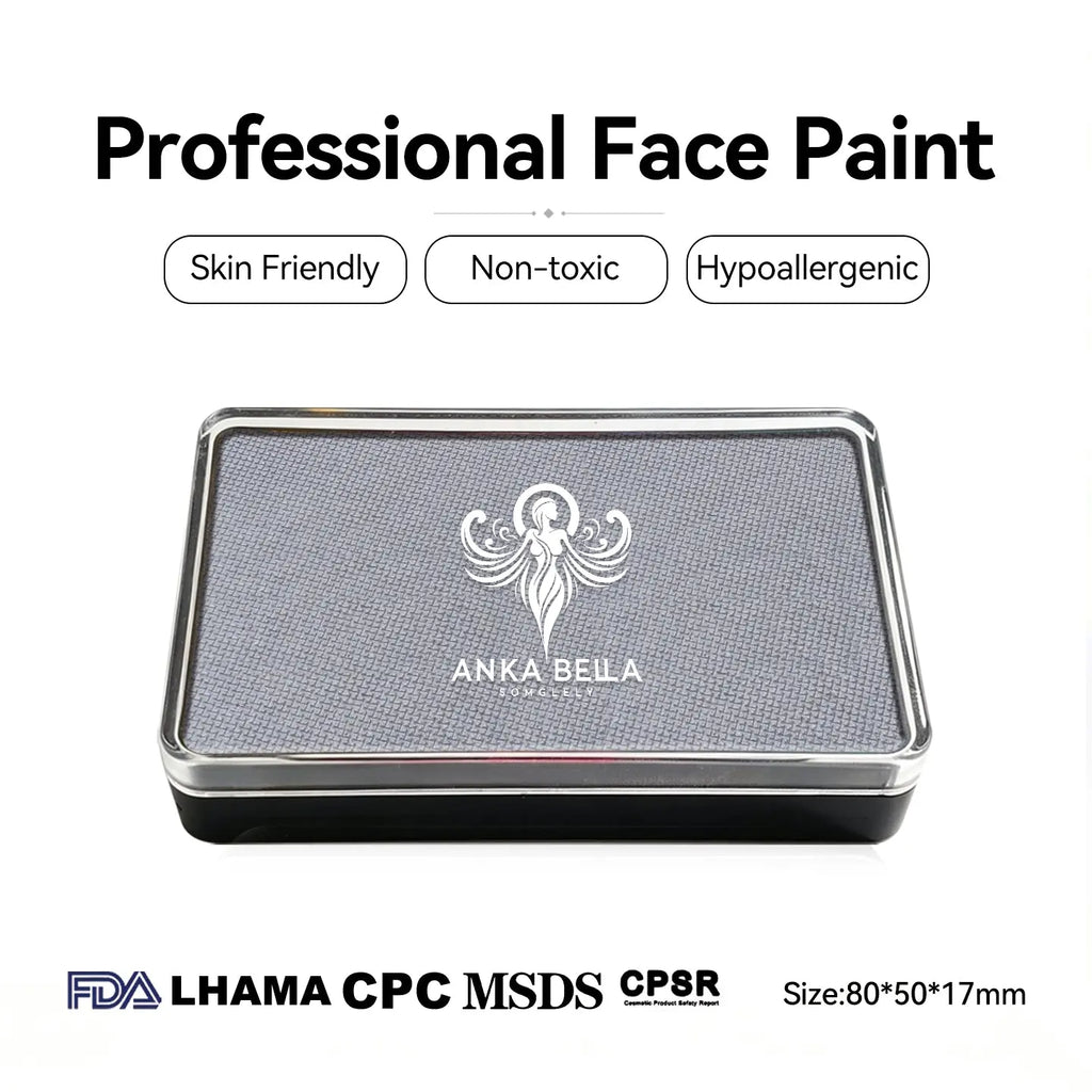 Anka Bella professional matte gray face paint, skin friendly non‑toxic hypoallergenic, FDA LHAMA CPC MSDS CPSR certified, size 80×50×17mm