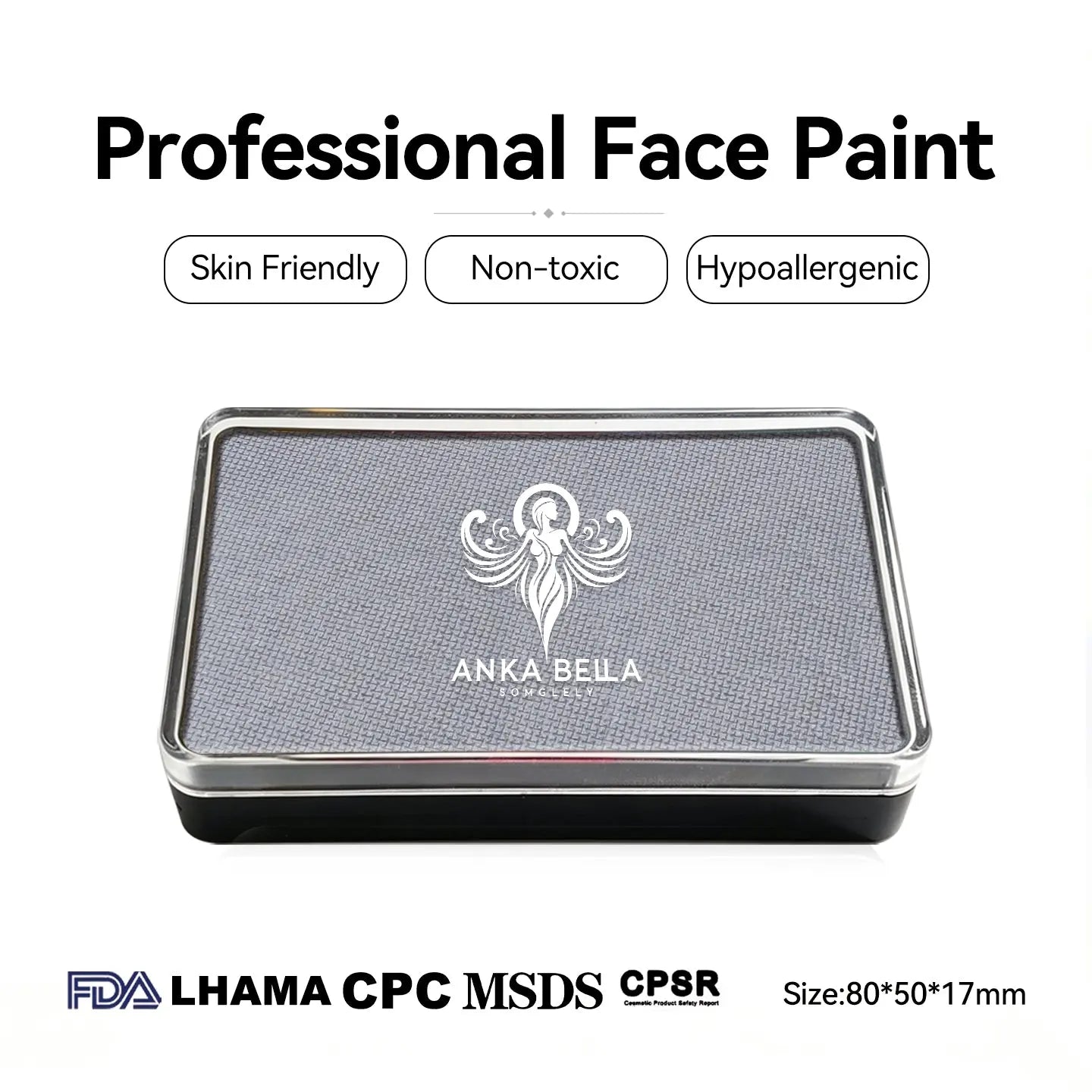 Anka Bella professional matte gray face paint, skin friendly non‑toxic hypoallergenic, FDA LHAMA CPC MSDS CPSR certified, size 80×50×17mm