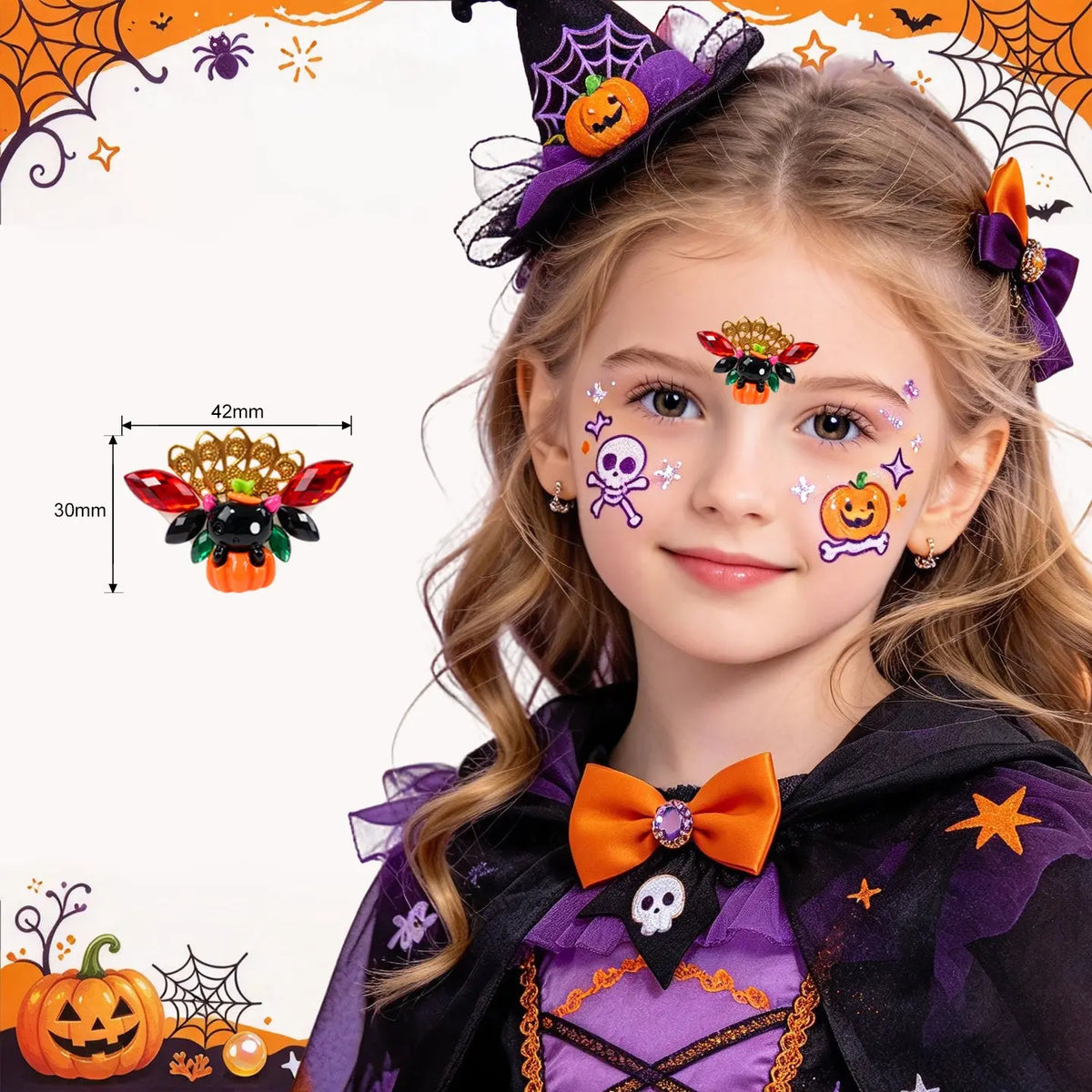 Kid wearing Anka Bella Halloween face gem sticker on forehead, pumpkin gem for Halloween cosplay costume