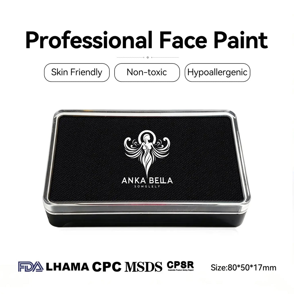 Anka Bella professional matte black face paint, skin friendly non‑toxic hypoallergenic, FDA LHAMA CPC MSDS CPSR certified, size 80×50×17mm