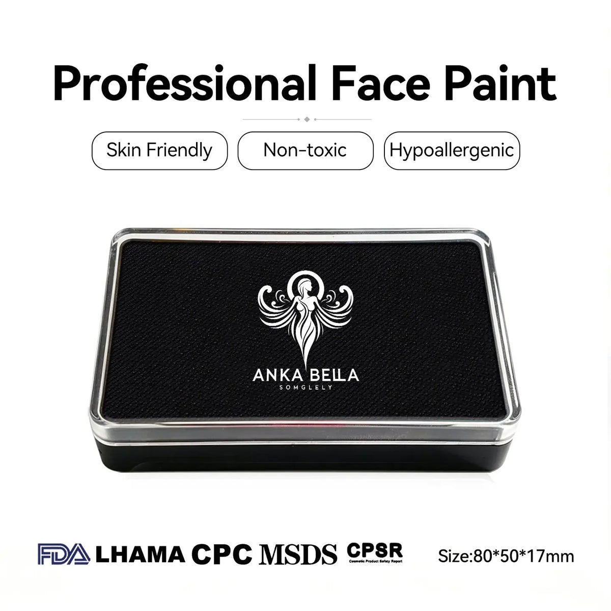 Anka Bella professional matte black face paint, skin friendly non‑toxic hypoallergenic, FDA LHAMA CPC MSDS CPSR certified, size 80×50×17mm