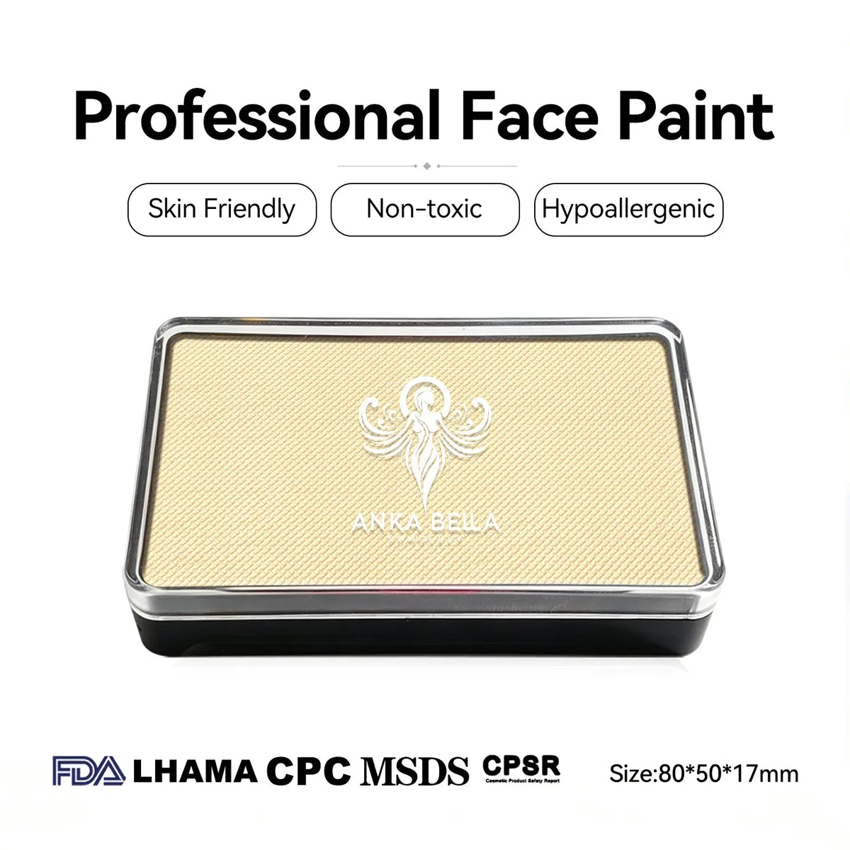Anka Bella professional matte beige face paint, skin friendly non‑toxic hypoallergenic, FDA LHAMA CPC MSDS CPSR certified, size 80×50×17mm