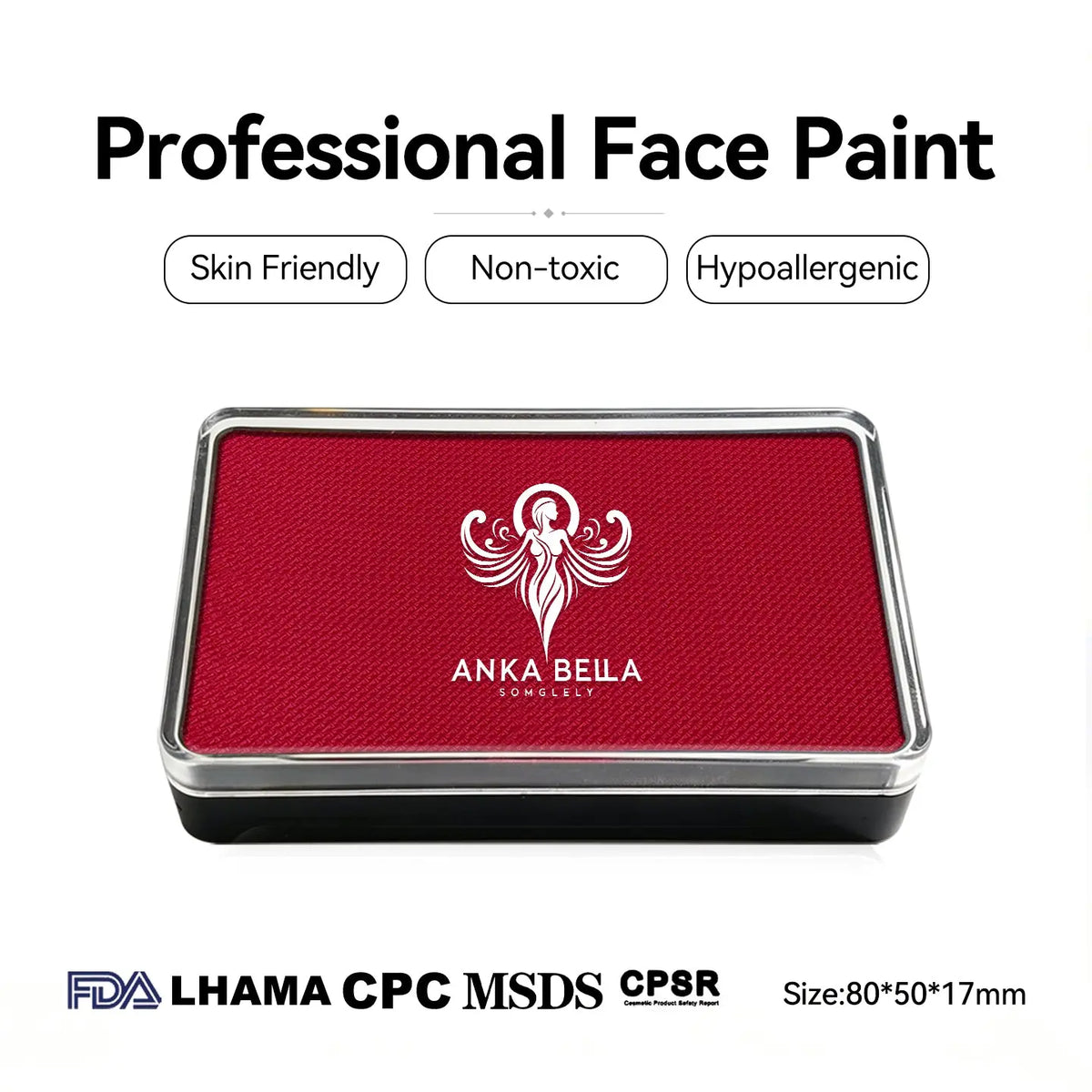 Anka Bella professional matte vermilion face paint, skin friendly non‑toxic hypoallergenic, FDA LHAMA CPC MSDS CPSR certified, size 80×50×17mm