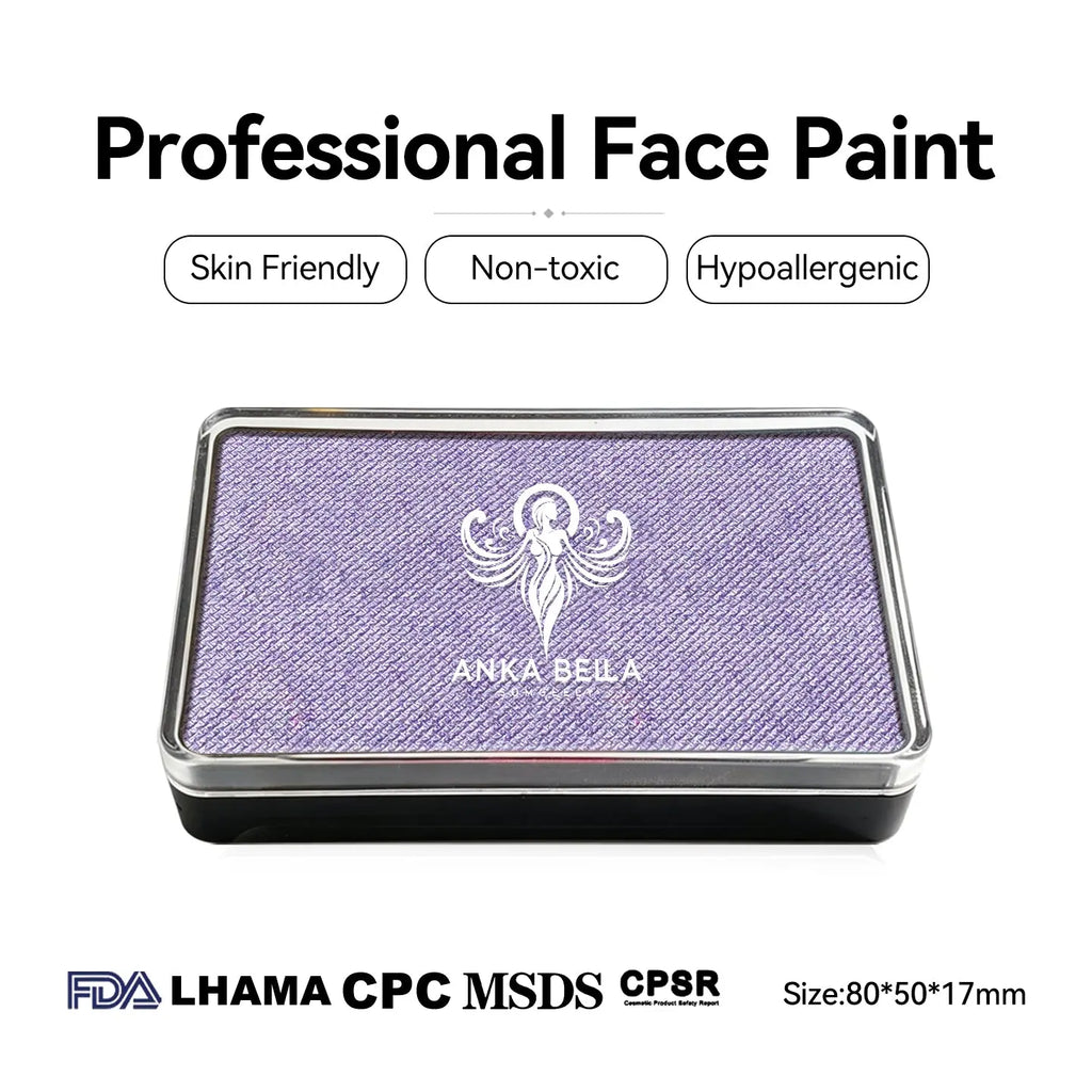 Anka Bella Pearl Pastel Purple face paint, skin‑friendly non‑toxic hypoallergenic with FDA CPSR MSDS LHAMA CPC certification size 80*50*17mm