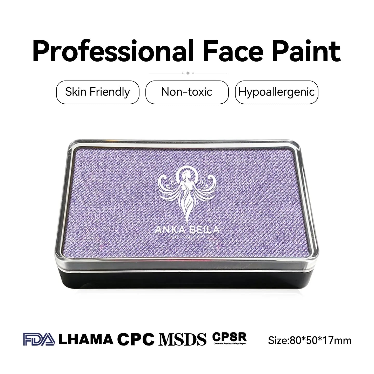 Anka Bella Pearl Pastel Purple face paint, skin‑friendly non‑toxic hypoallergenic with FDA CPSR MSDS LHAMA CPC certification size 80*50*17mm