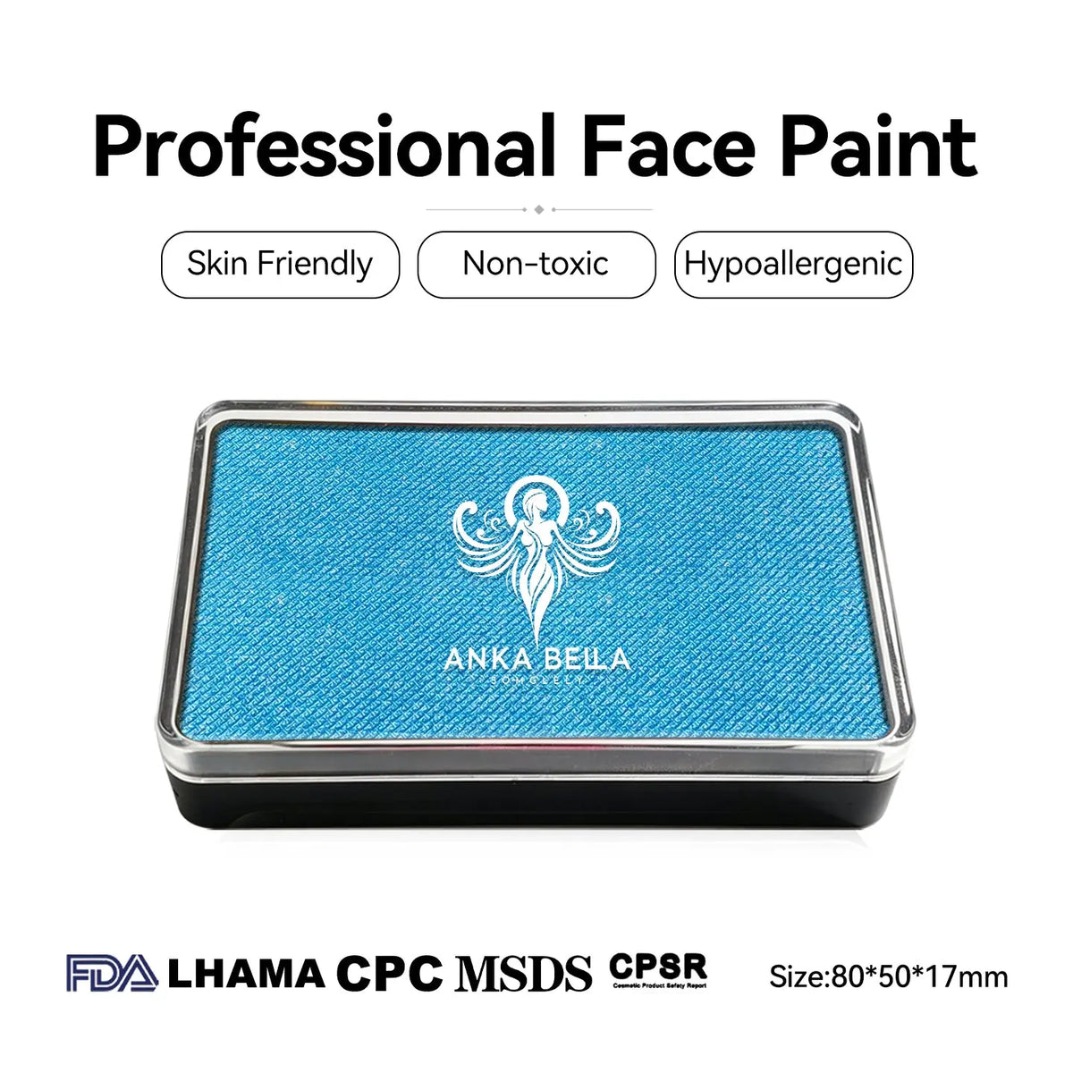 Anka Bella Pearl Light‑Blue face paint, skin‑friendly non‑toxic hypoallergenic with FDA CPSR MSDS LHAMA CPC certification size 80*50*17mm