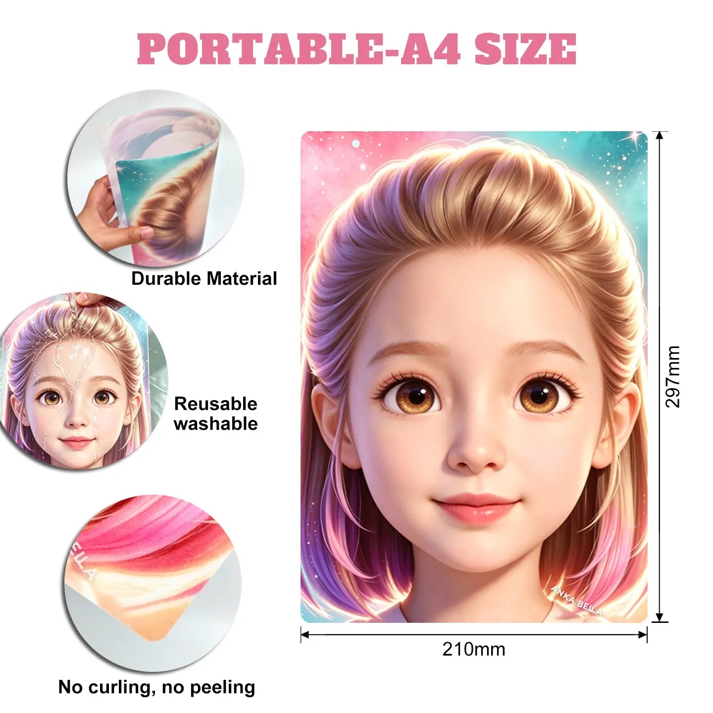 Specifications of AnkaBella face paint practice board, A4 210mm×297mm reusable training template.