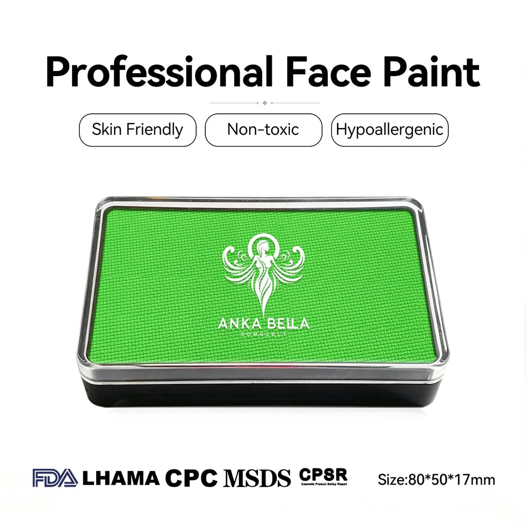 Anka Bella professional matte lime green face paint, skin friendly non‑toxic hypoallergenic, FDA LHAMA CPC MSDS CPSR certified, size 80×50×17mm