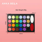 26-color face paint palette with dimensions 230x152mm, 85g net weight, water activated formula.