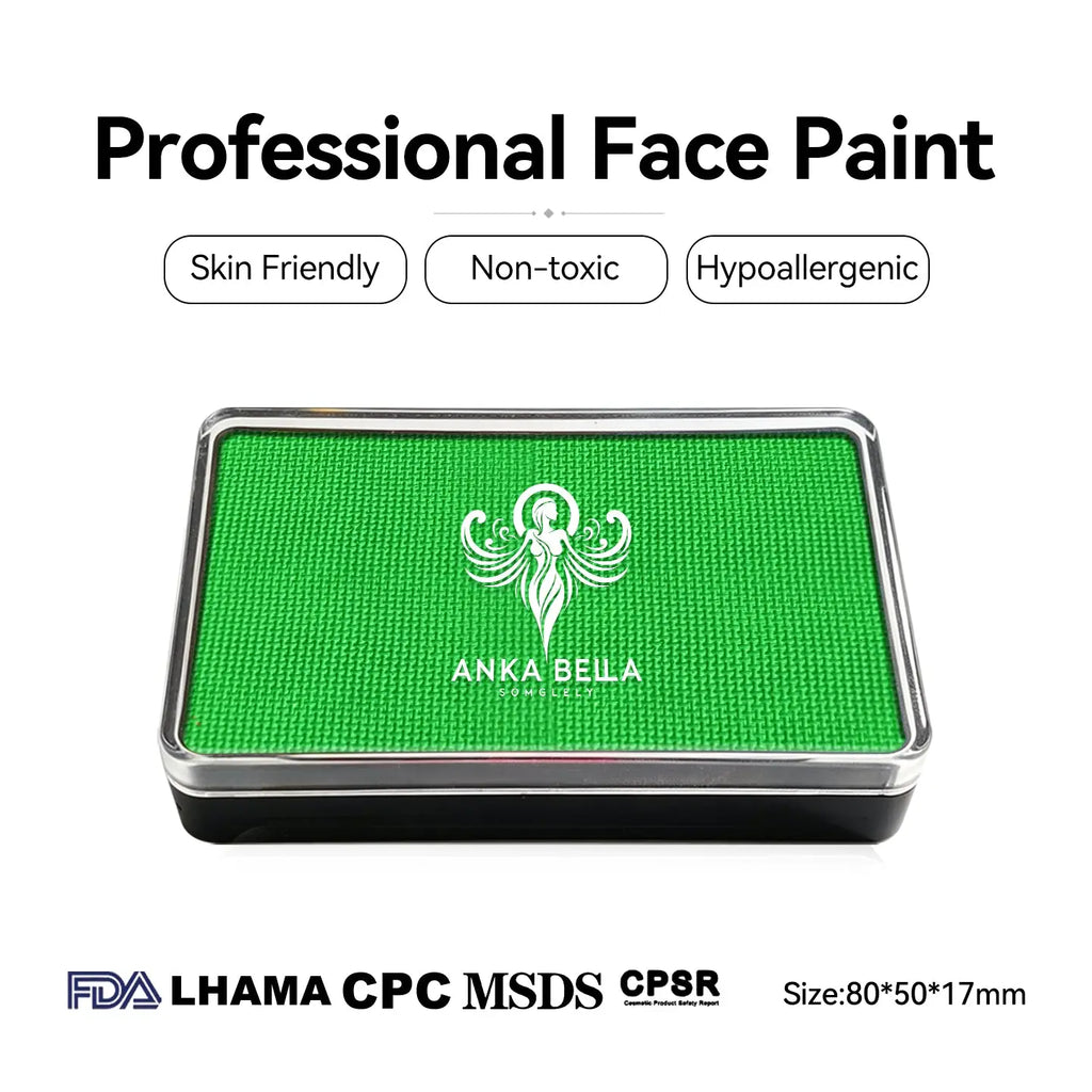 Anka Bella UV Green face paint, skin‑friendly non‑toxic hypoallergenic with FDA CPSR MSDS certification