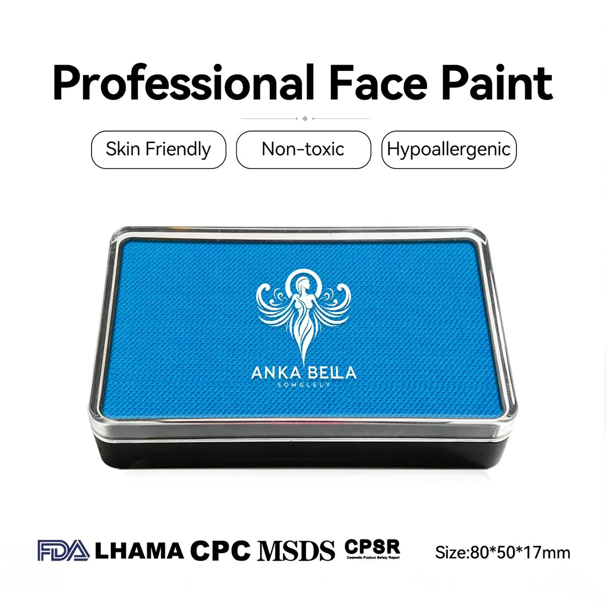 Anka Bella professional matte ocean blue face paint, skin friendly non‑toxic hypoallergenic, FDA LHAMA CPC MSDS CPSR certified, size 80×50×17mm