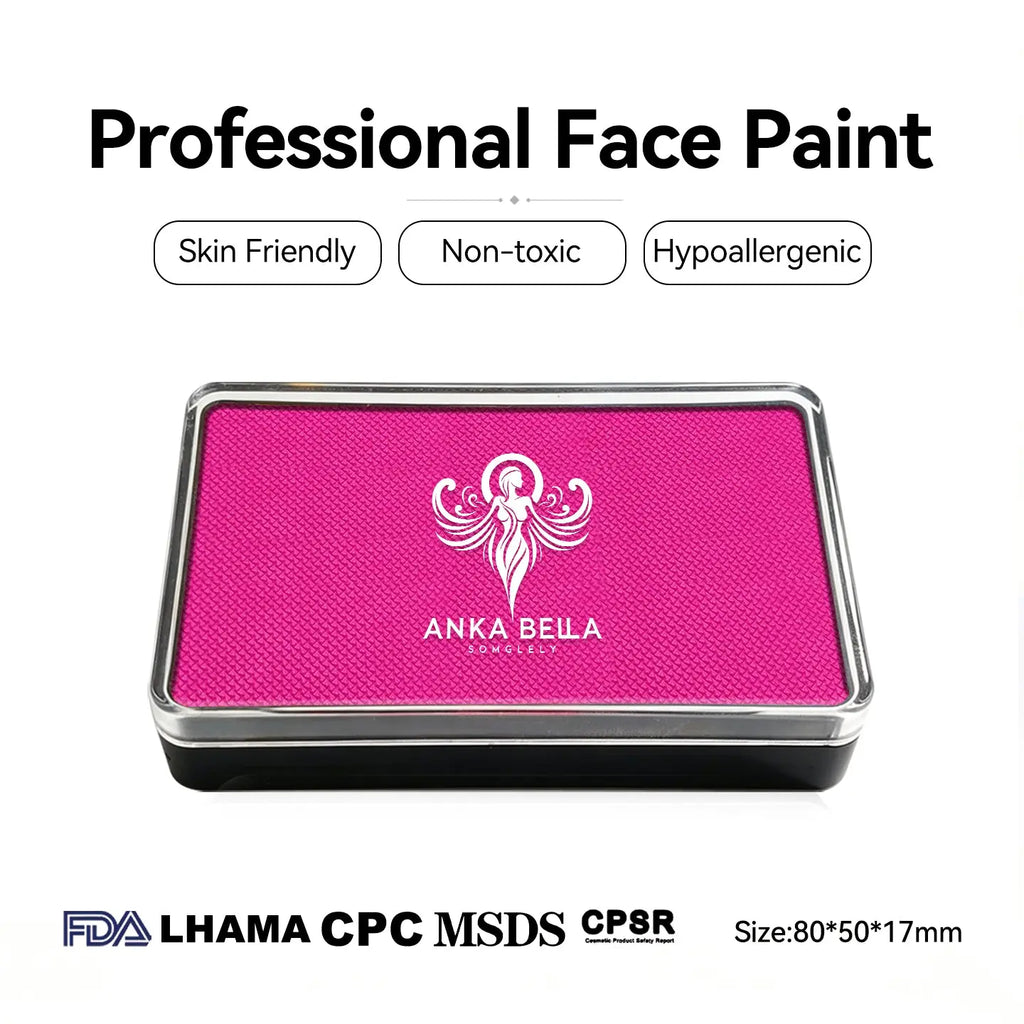 Anka Bella professional matte hot pink face paint, skin friendly non‑toxic hypoallergenic, FDA LHAMA CPC MSDS CPSR certified, dimension 80×50×17mm