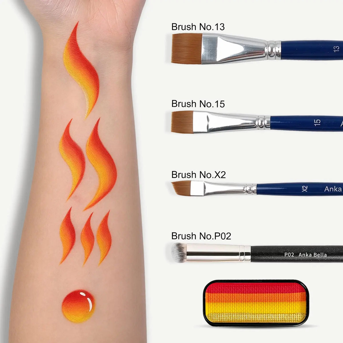 Anka Bella 5 Shade Fire Red Orange Gold Water Activated Face Paint, Non-Toxic Skin Safe Washable Kids Body Paint for Halloween Cosplay Anka Bella