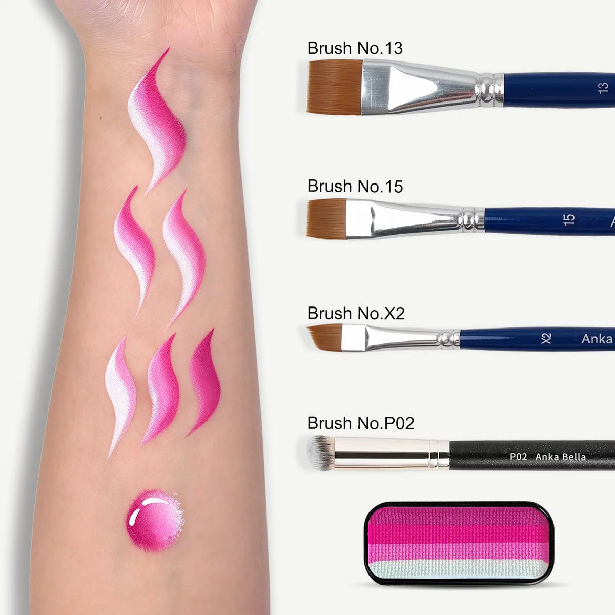 Anka Bella face paint swatch on arm with face painting brushes,  Pink Gradient