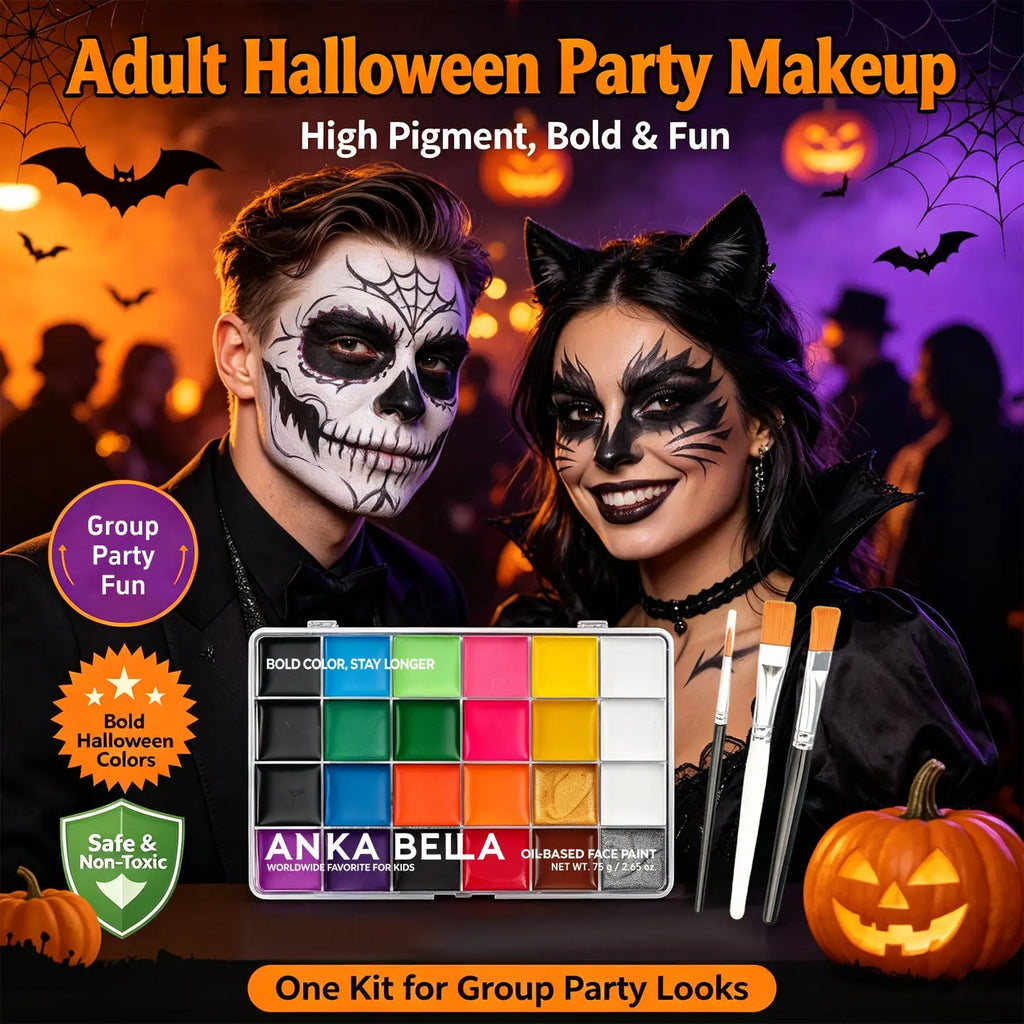 Anka Bella professional oil based face paint palette, kid sugar skull makeup, safe non-toxic face painting set with brushes
