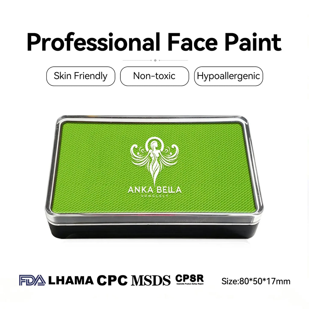 Anka Bella professional matte grass green face paint, skin friendly non‑toxic hypoallergenic, FDA LHAMA CPC MSDS CPSR certified, size 80×50×17mm
