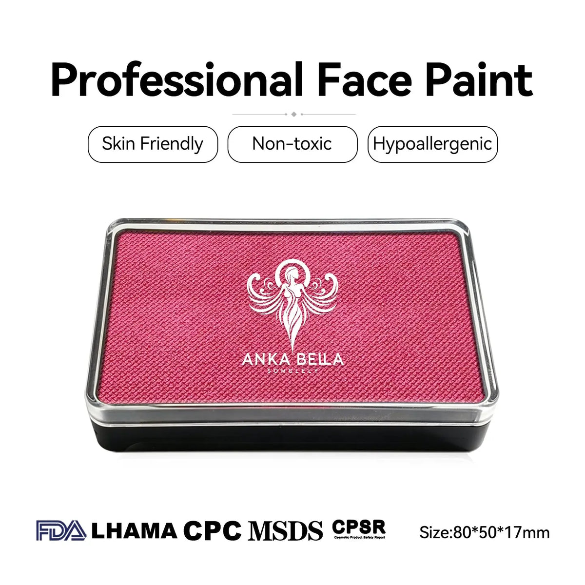 Anka Bella professional pearl fuchsia rose face paint, skin friendly non-toxic hypoallergenic, FDA LHAMA CPC MSDS CPSR certified, size 80x50x17mm