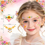 Little girl wearing Anka Bella flower face gem sticker on forehead, floral face gems for princess birthday party