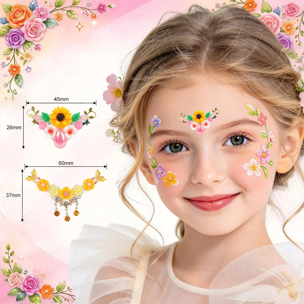 Little girl wearing Anka Bella flower face gem sticker on forehead, floral face gems for princess birthday party