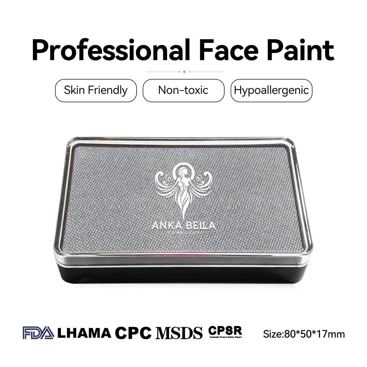 Anka Bella Pearl Silver‑Gray face paint, skin‑friendly non‑toxic hypoallergenic with FDA CPSR MSDS LHAMA CPC certification size 80*50*17mm