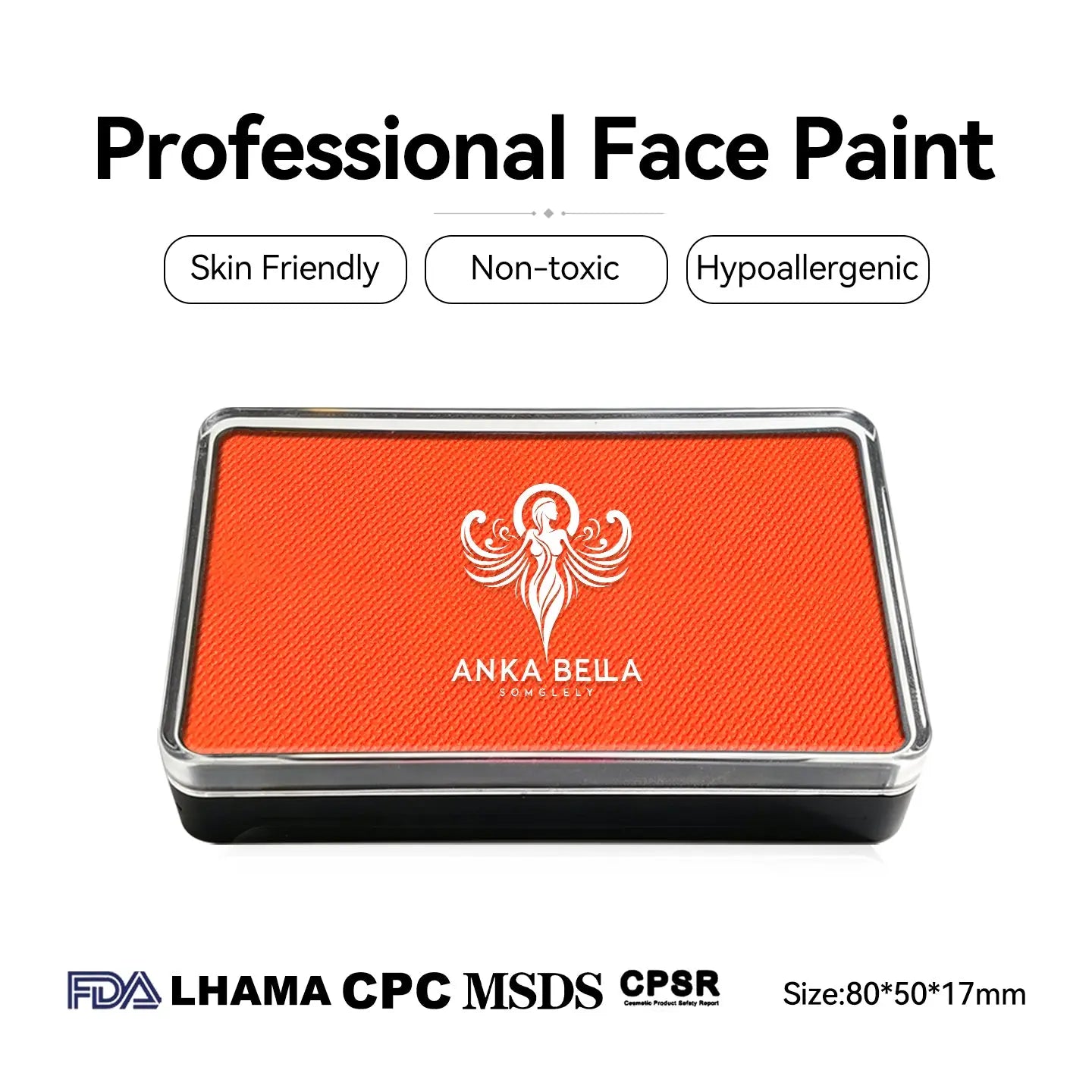 Anka Bella professional UV candy orange face paint, skin friendly non-toxic hypoallergenic, FDA LHAMA CPC MSDS CPSR certified, size 80x50x17mm