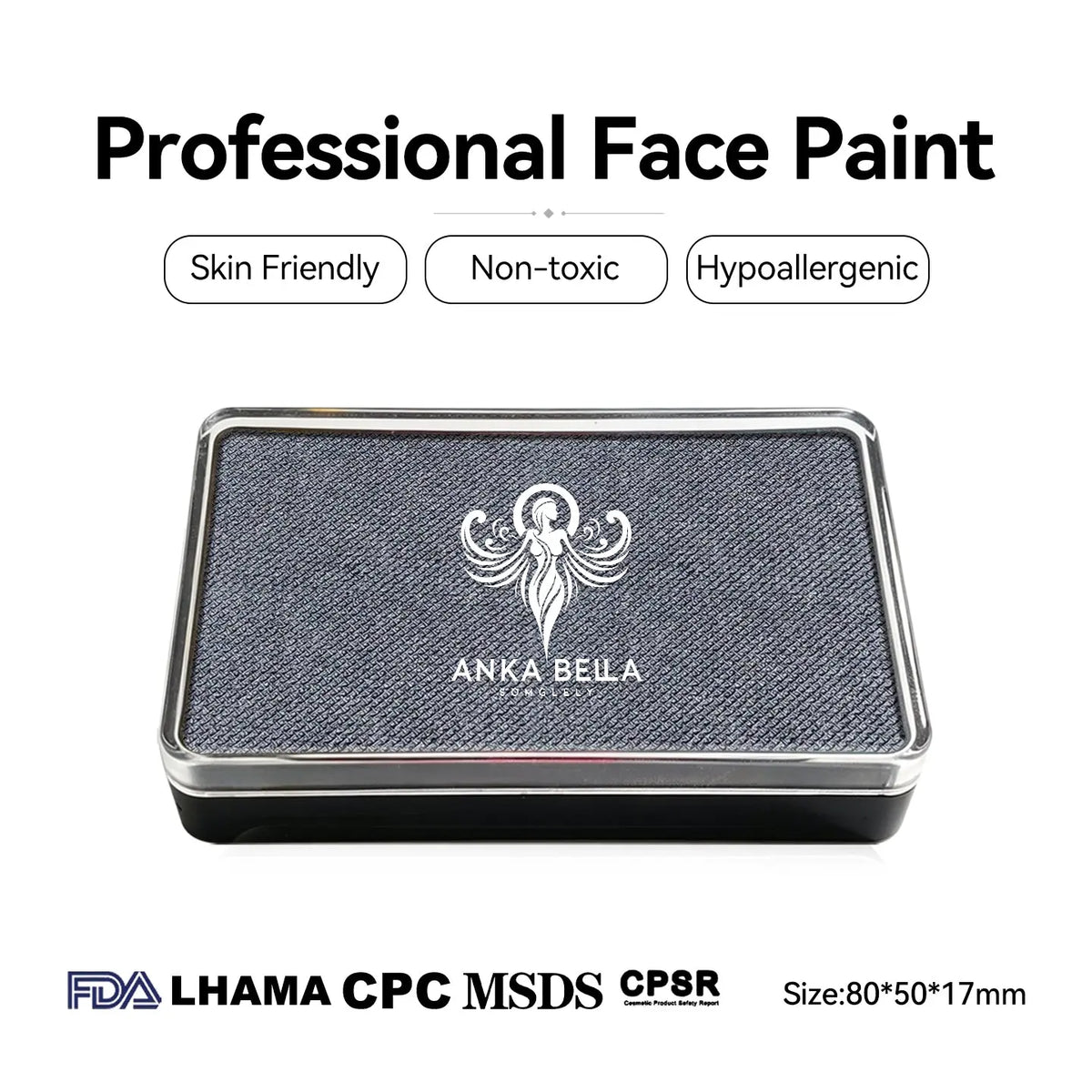 Anka Bella Pearl Black face paint, skin‑friendly non‑toxic hypoallergenic with FDA CPSR MSDS LHAMA CPC certification size 80*50*17mm