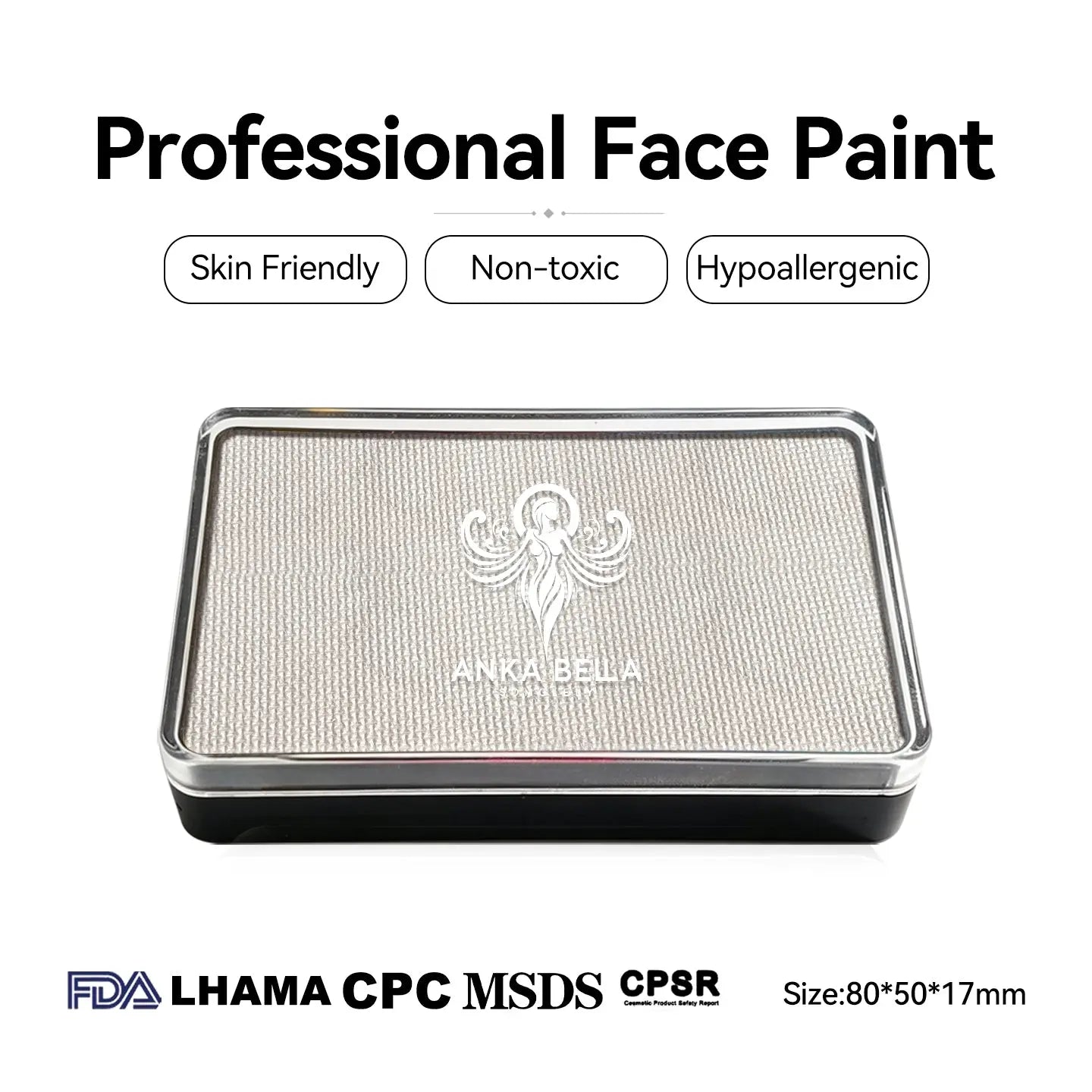 Anka Bella Pearl White face paint, skin‑friendly non‑toxic hypoallergenic with FDA CPSR MSDS LHAMA CPC certification size 80*50*17mm