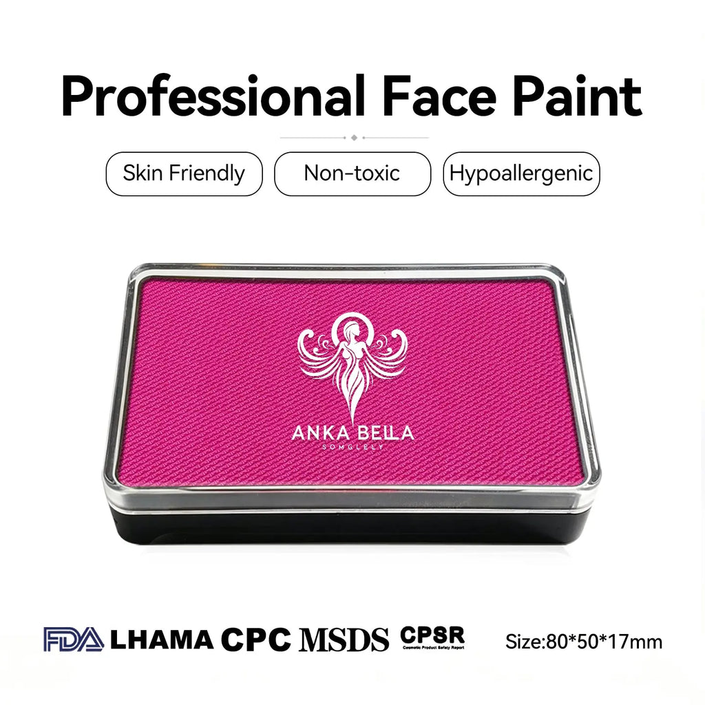 Anka Bella professional matte candy pink face paint, skin friendly non‑toxic hypoallergenic, FDA LHAMA CPC MSDS CPSR certified, size 80×50×17mm