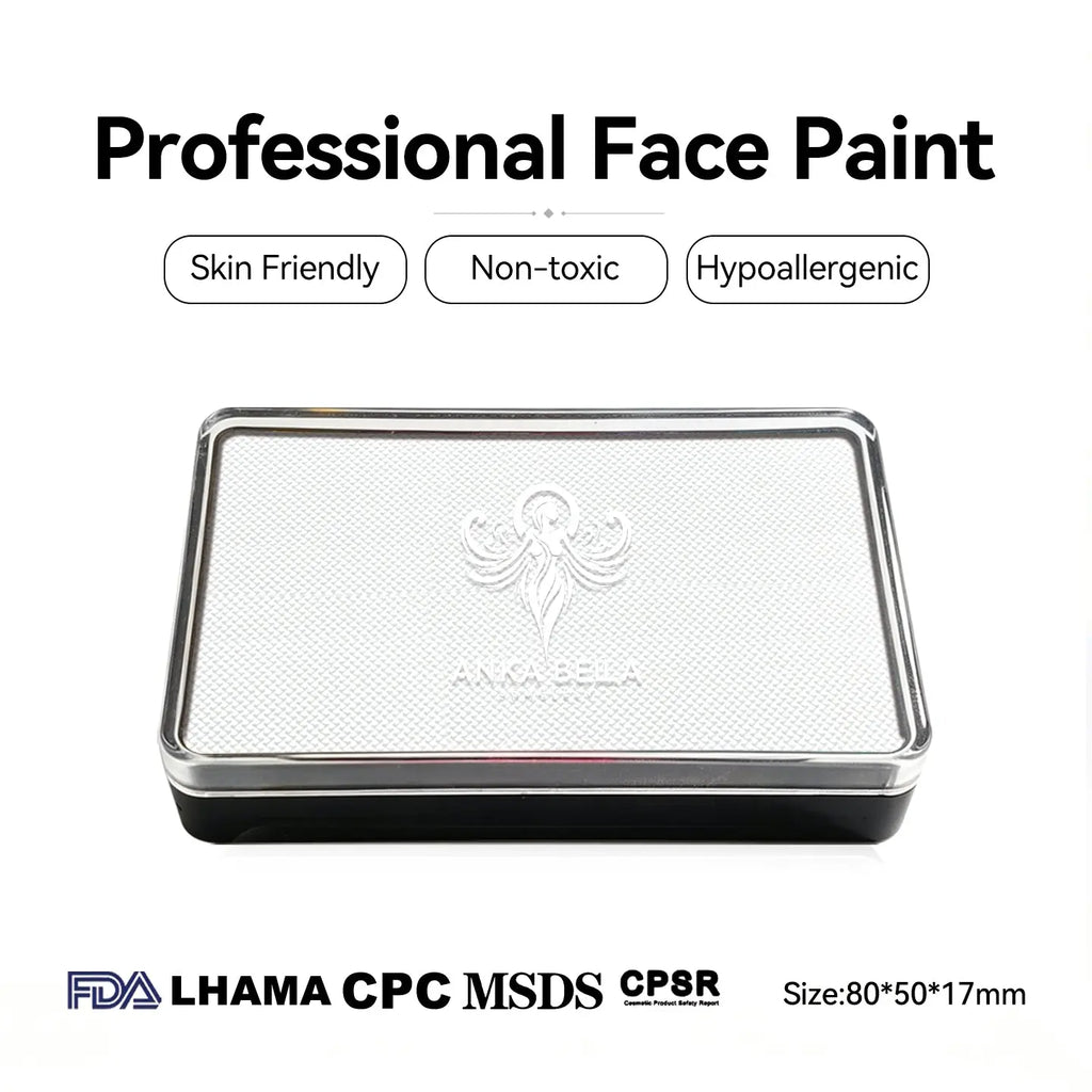 Anka Bella professional matte white face paint, skin friendly non‑toxic hypoallergenic, FDA LHAMA CPC MSDS CPSR certified, size 80×50×17mm
