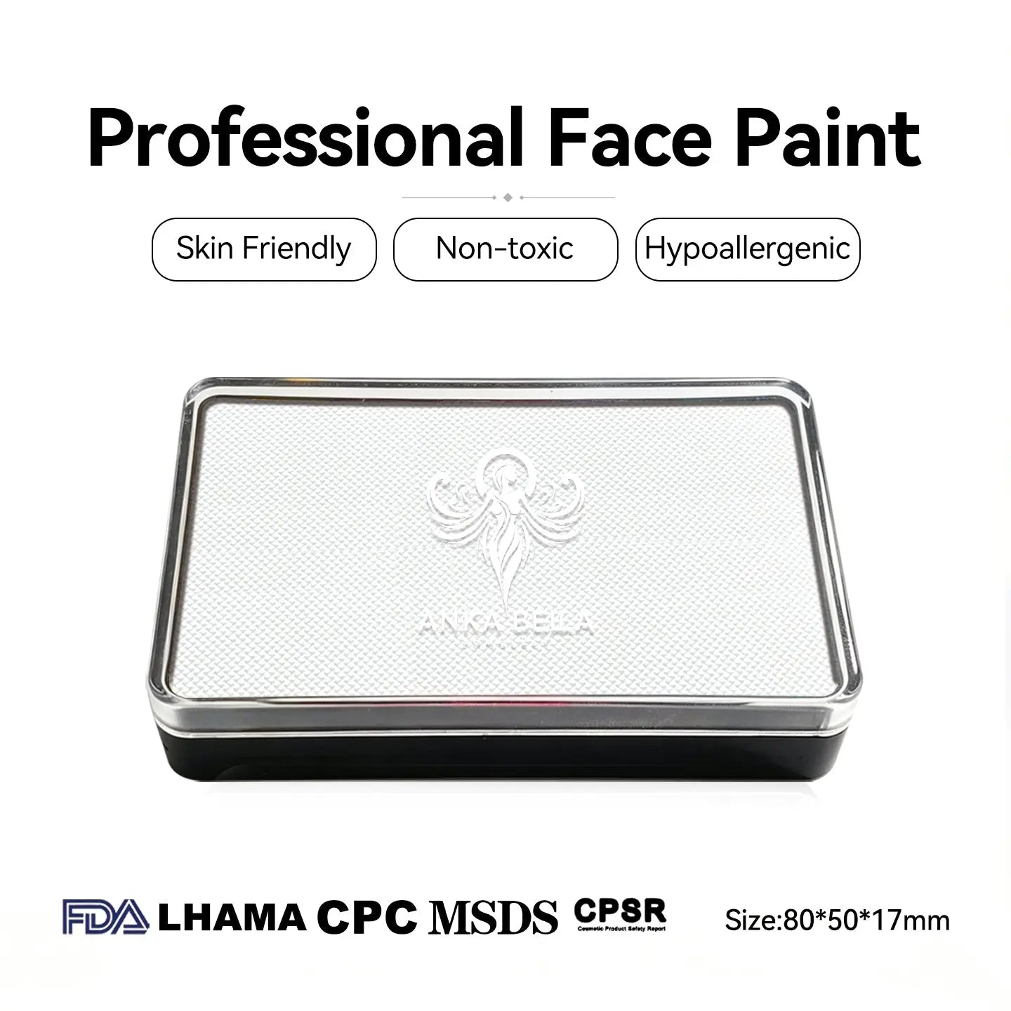 Anka Bella professional matte white face paint, skin friendly non‑toxic hypoallergenic, FDA LHAMA CPC MSDS CPSR certified, size 80×50×17mm