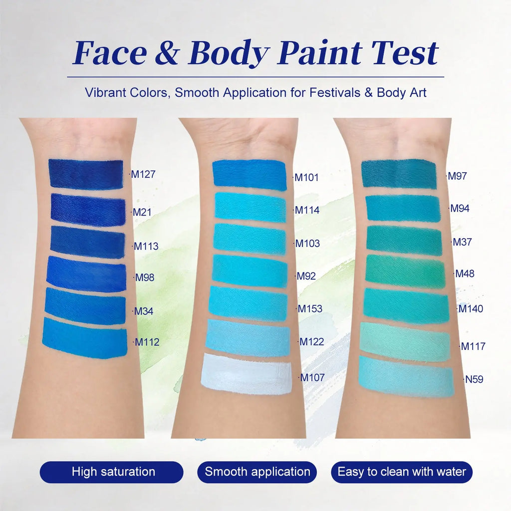 Anka Bella face and body paint swatch test on arm, vibrant high saturation blue green shades, easy clean water activated paint