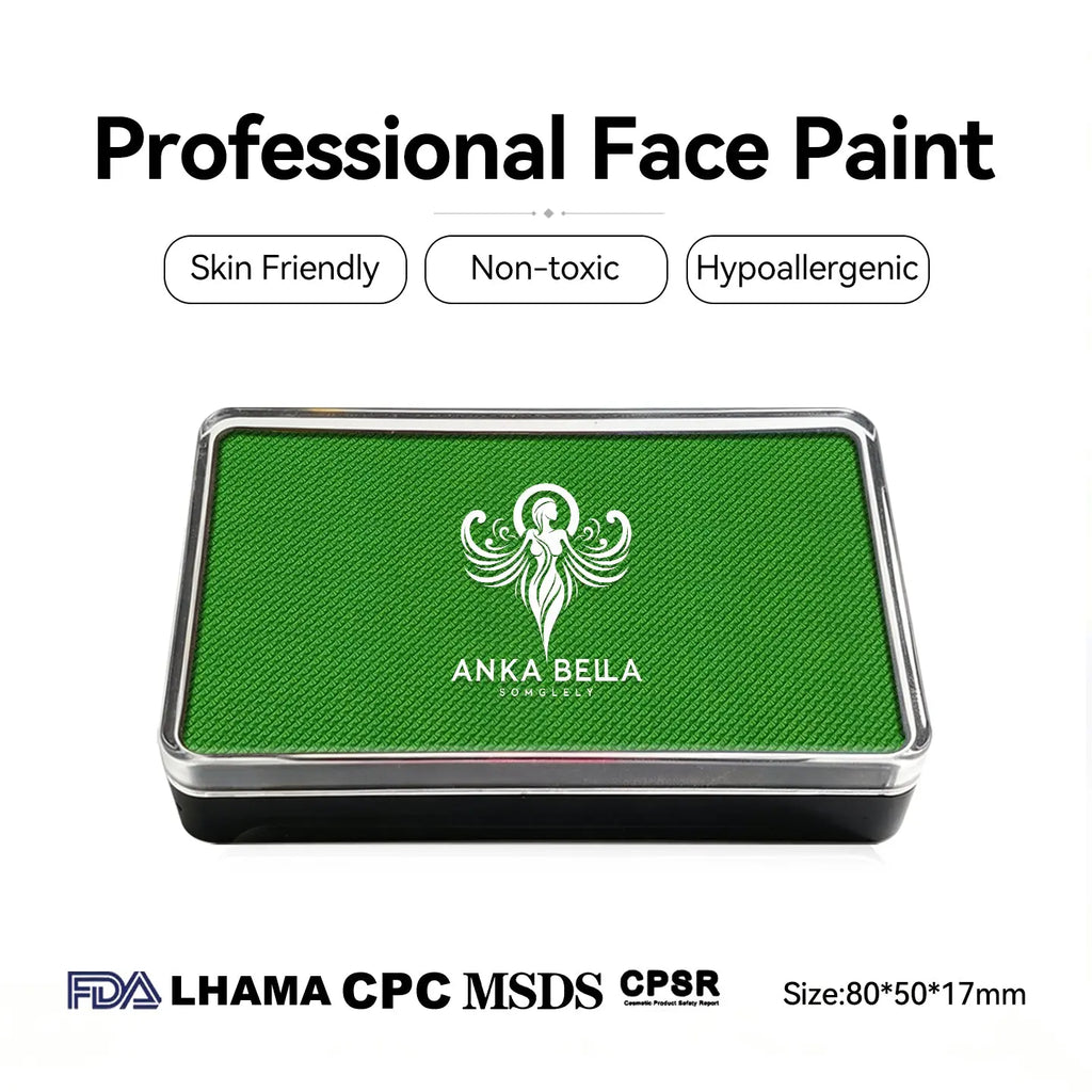Anka Bella professional matte light green face paint, skin friendly non‑toxic hypoallergenic, FDA LHAMA CPC MSDS CPSR certified, size 80×50×17mm
