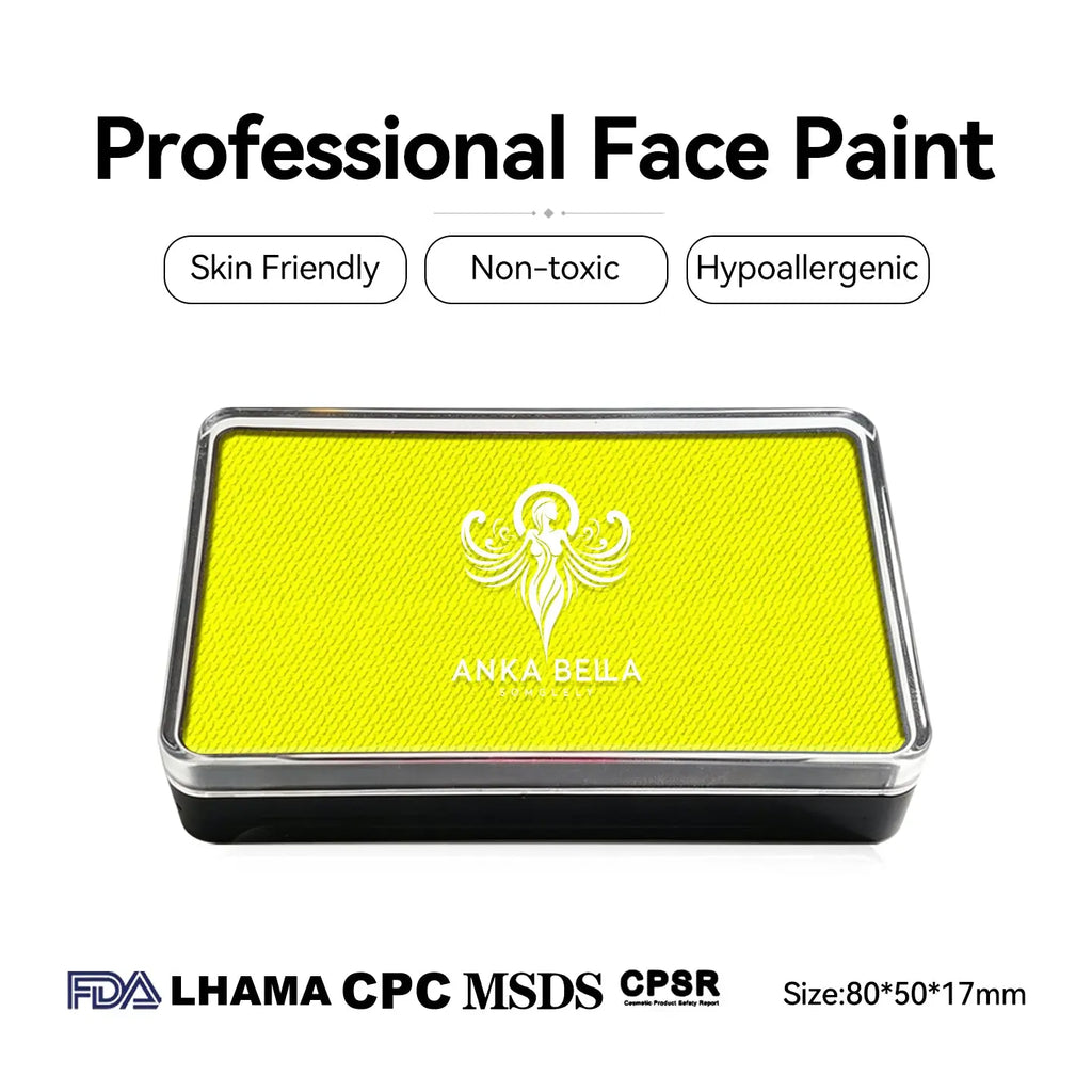  Anka Bella professional UV yellow face paint, skin friendly non-toxic hypoallergenic, FDA LHAMA CPC MSDS CPSR certified, size 80x50x17mm