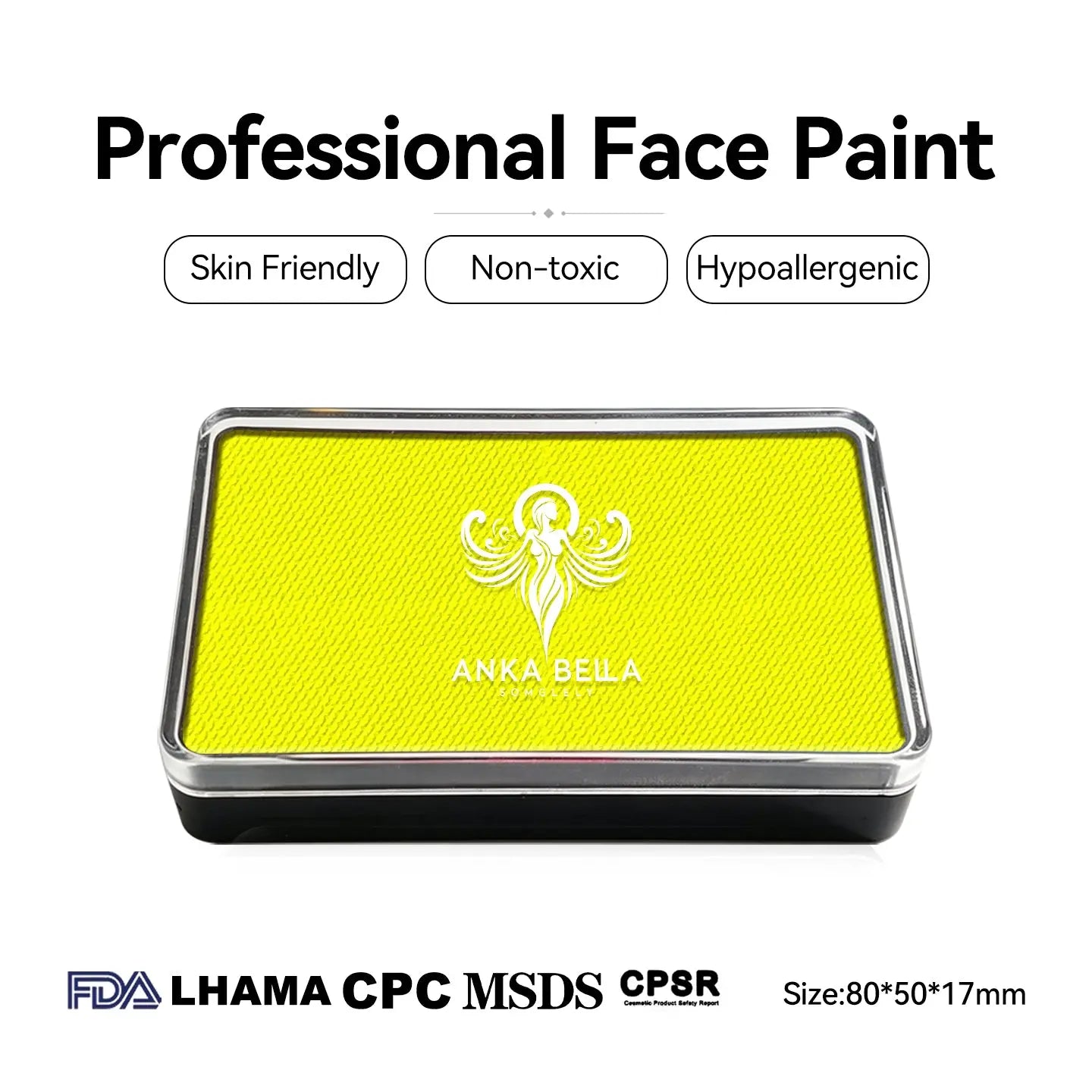  Anka Bella professional UV yellow face paint, skin friendly non-toxic hypoallergenic, FDA LHAMA CPC MSDS CPSR certified, size 80x50x17mm