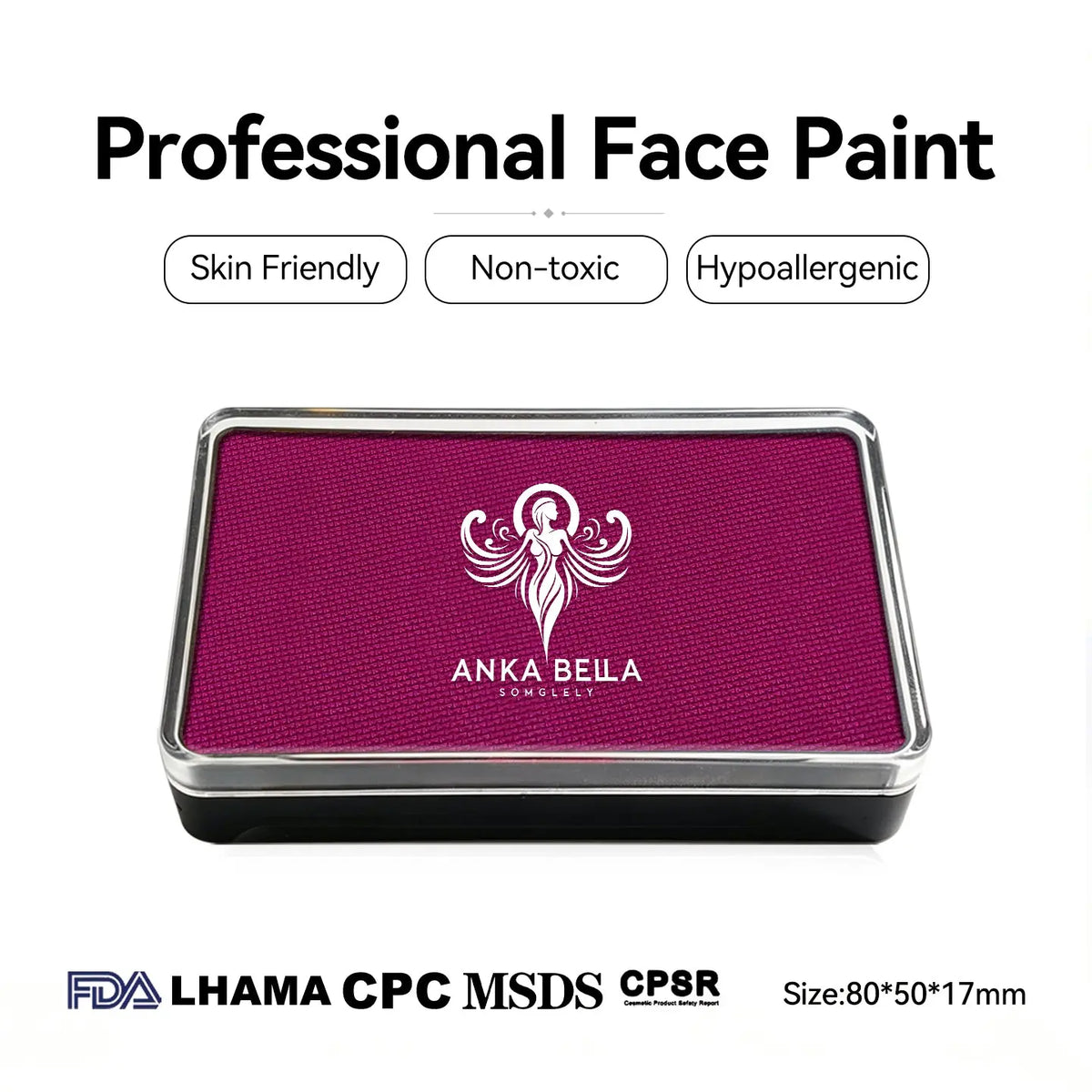 Anka Bella professional matte mulberry face paint, skin friendly non‑toxic hypoallergenic, FDA LHAMA CPC MSDS CPSR certified, size 80×50×17mm