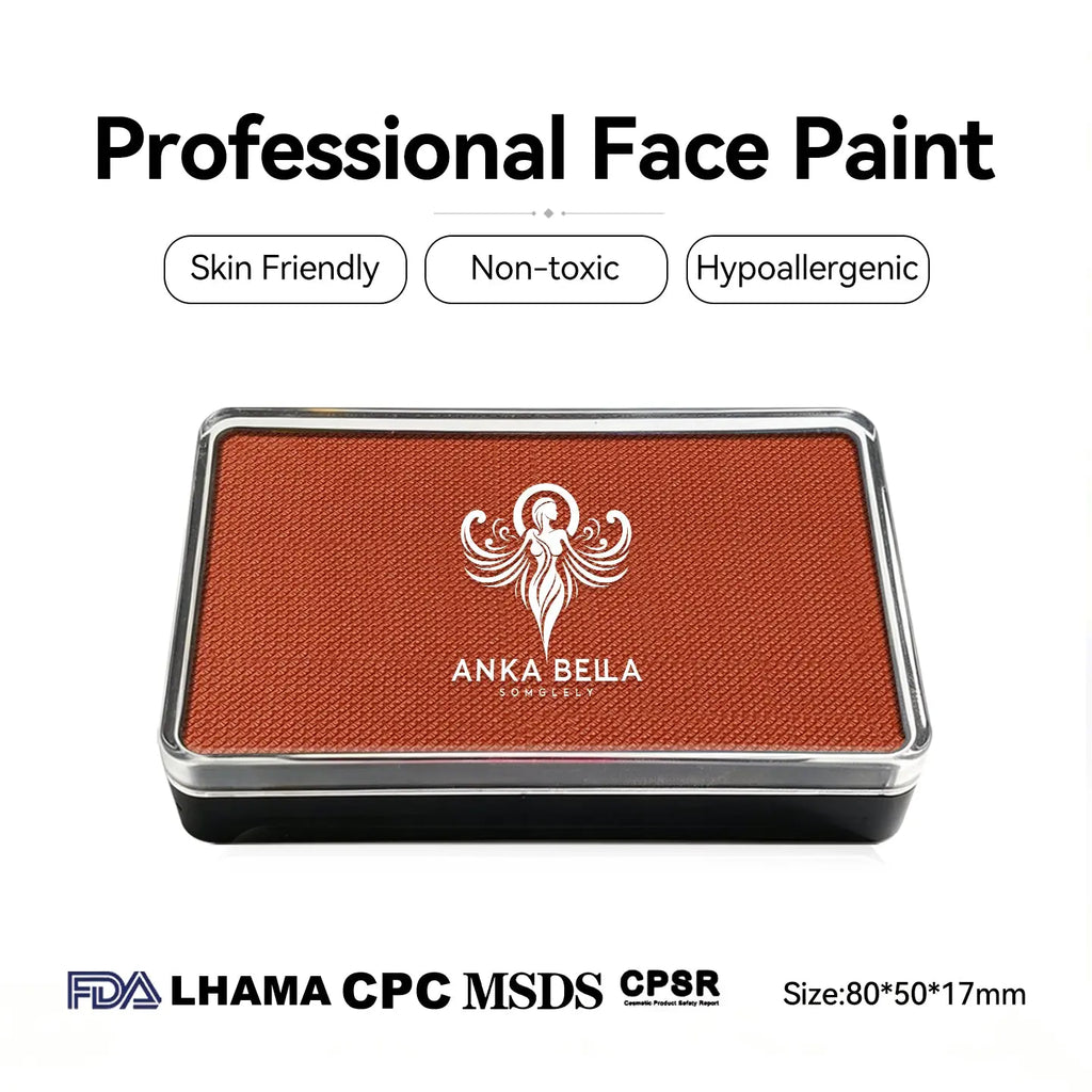 Anka Bella professional matte terracotta face paint, skin friendly non‑toxic hypoallergenic, FDA LHAMA CPC MSDS CPSR certified, size 80×50×17mm