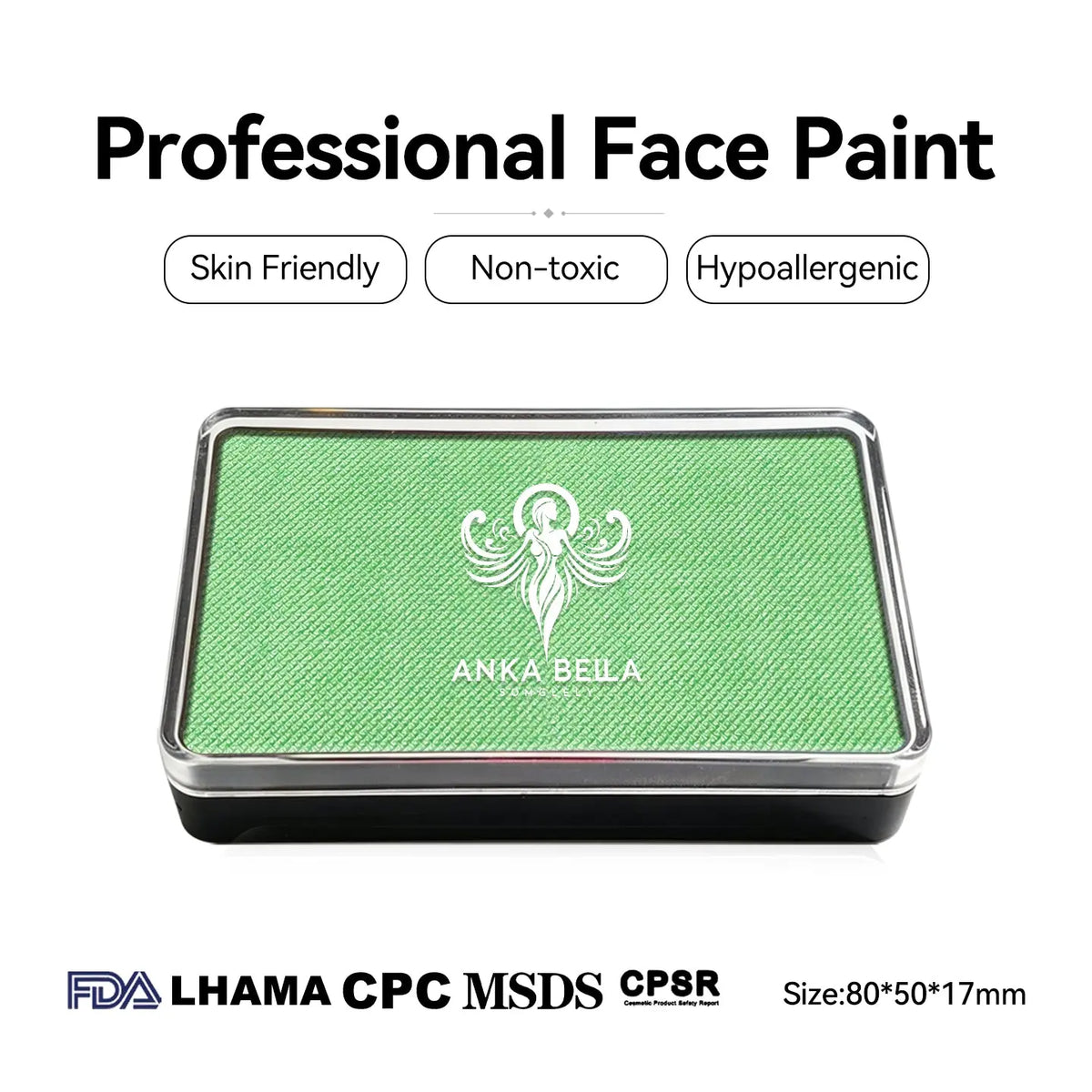 Anka Bella professional pearl mint green face paint, skin friendly non-toxic hypoallergenic, FDA LHAMA CPC MSDS CPSR certified, size 80x50x17mm