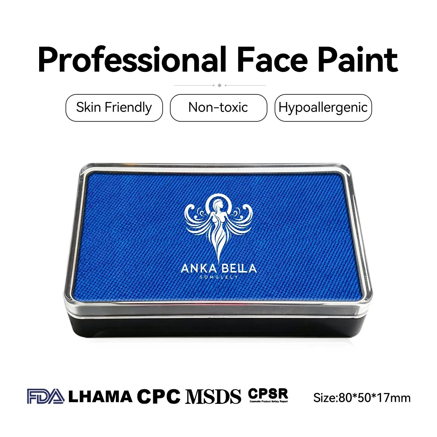 Anka Bella Pearl Royal Blue face paint, skin‑friendly non‑toxic hypoallergenic with FDA CPSR MSDS LHAMA CPC certification size 80*50*17mm