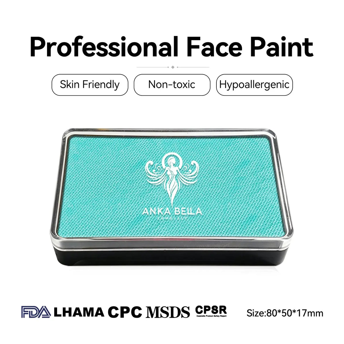 Anka Bella Pearl Turquoise face paint, skin‑friendly non‑toxic hypoallergenic with FDA CPSR MSDS LHAMA CPC certification size 80*50*17mm