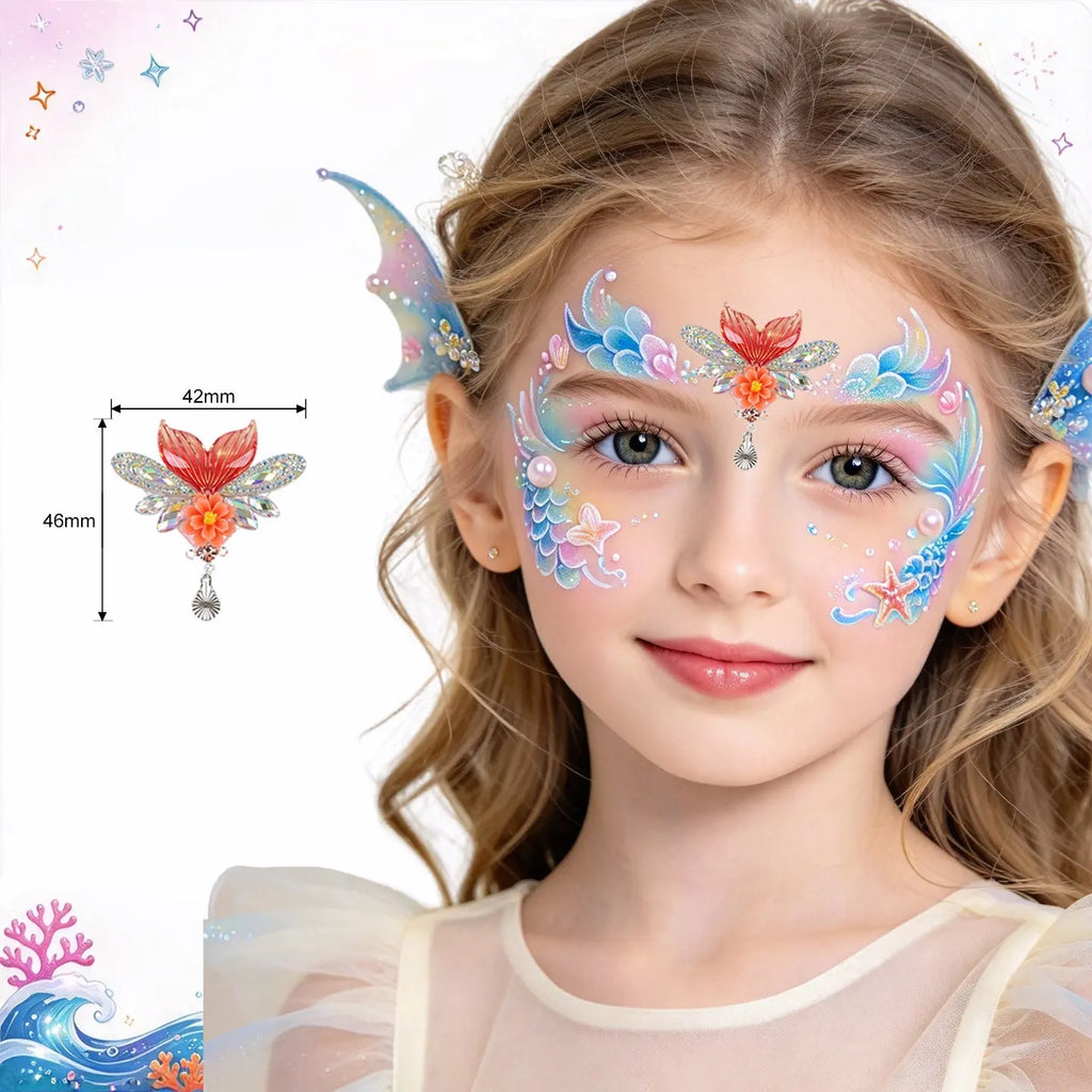 Little girl wearing Anka Bella mermaid forehead gem sticker, ocean mermaid face gems for kids birthday party